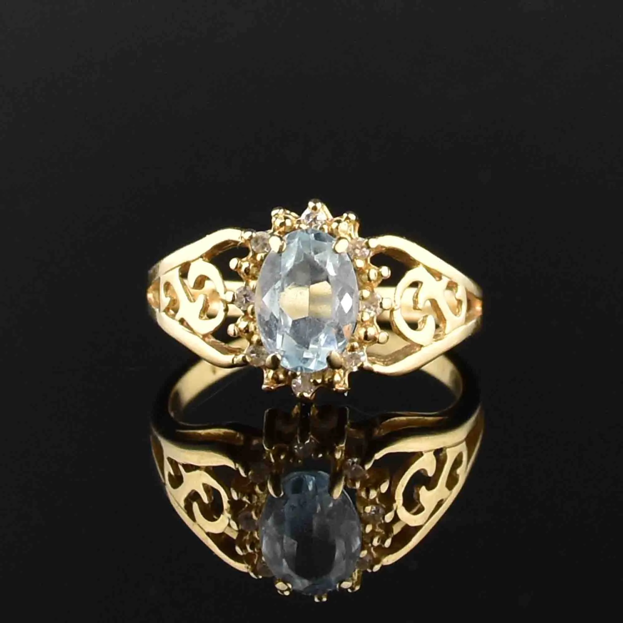 14K Gold Aquamarine Diamond Halo Ring, Sz 4.75