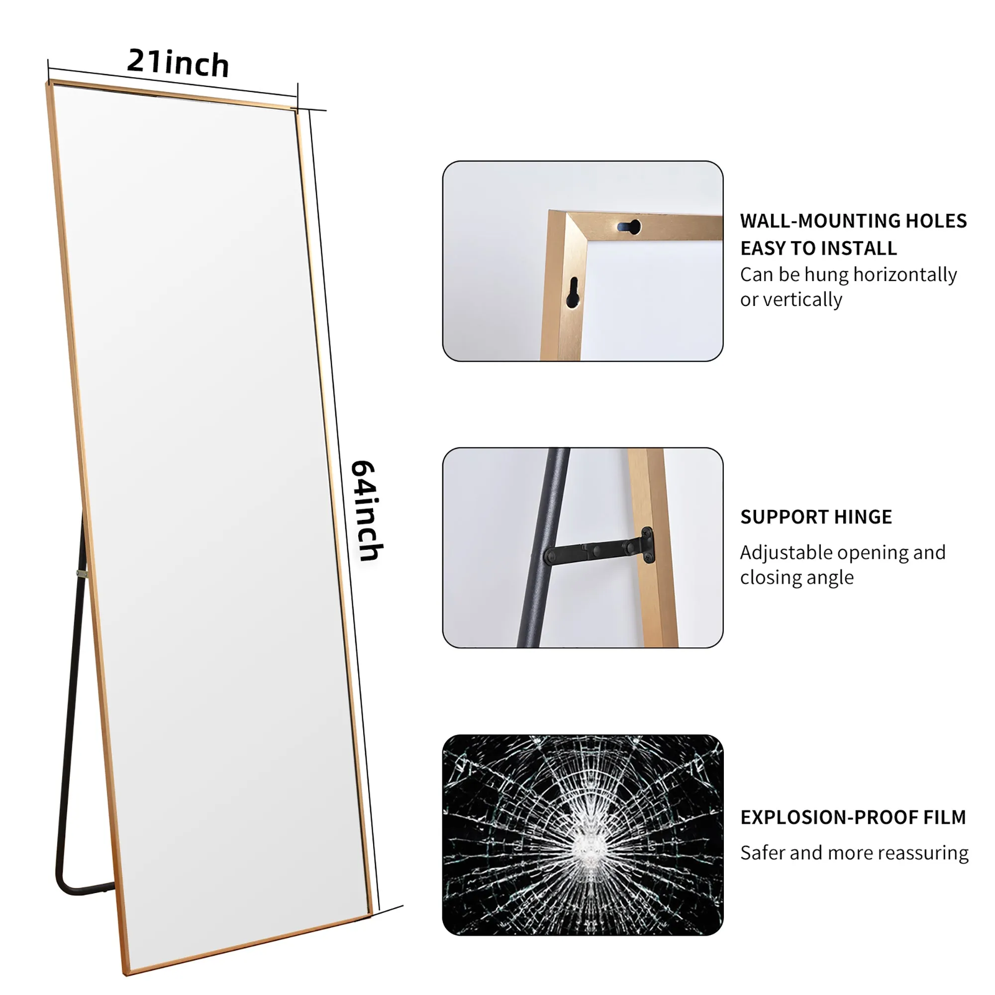 64"x21" Full Length Mirror Floor Mirror with Standing Holder Bedroom/Locker Room Standing/Hanging Mirror Dressing Mirror Wall-Mounted Mirror（Gold）