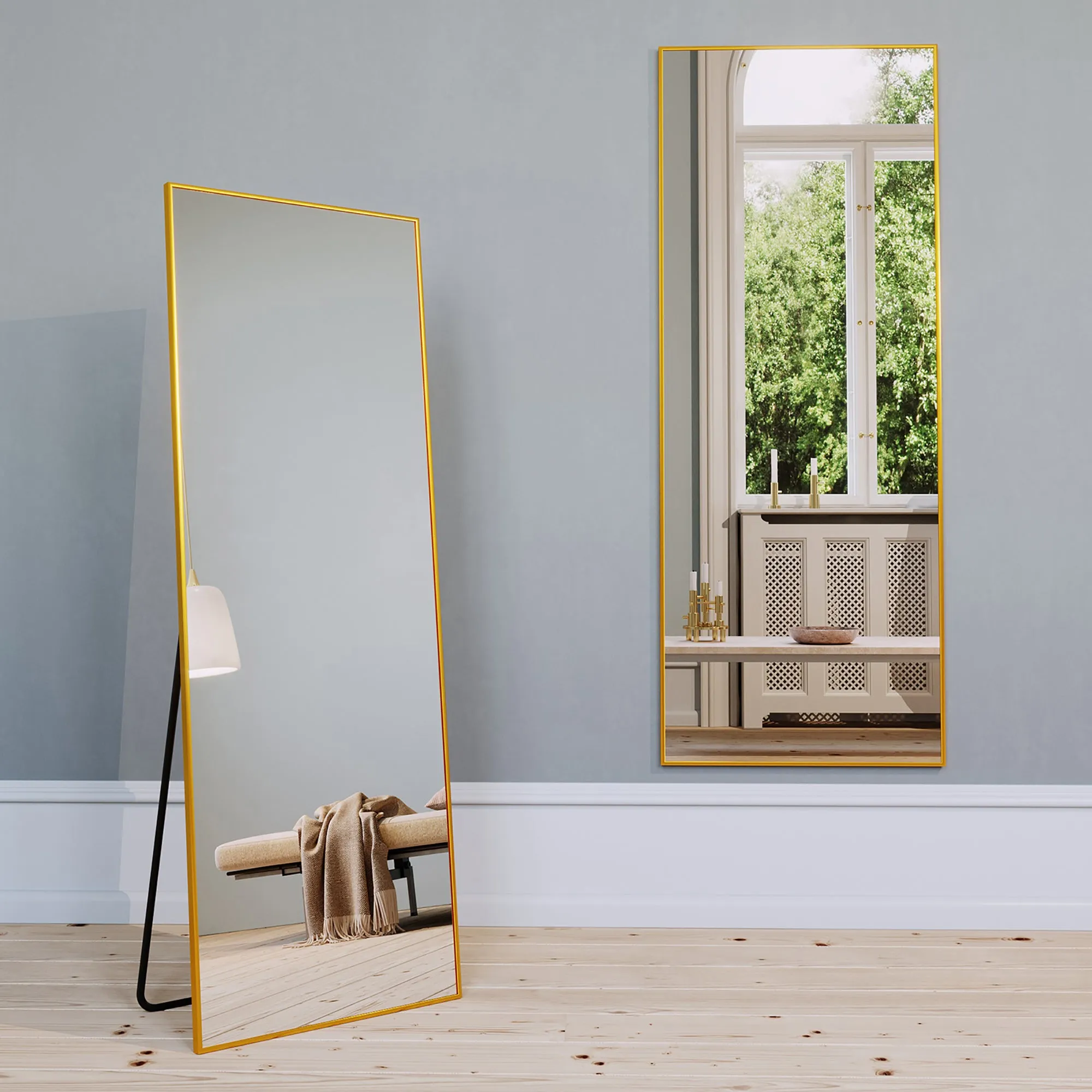 64"x21" Full Length Mirror Floor Mirror with Standing Holder Bedroom/Locker Room Standing/Hanging Mirror Dressing Mirror Wall-Mounted Mirror（Gold）