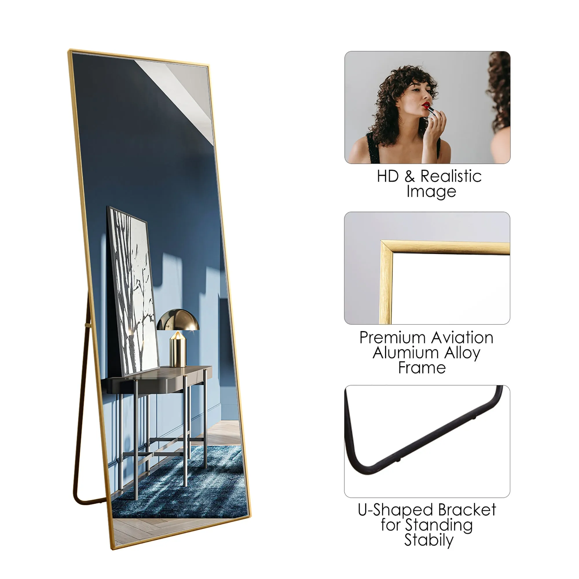 64"x21" Full Length Mirror Floor Mirror with Standing Holder Bedroom/Locker Room Standing/Hanging Mirror Dressing Mirror Wall-Mounted Mirror（Gold）