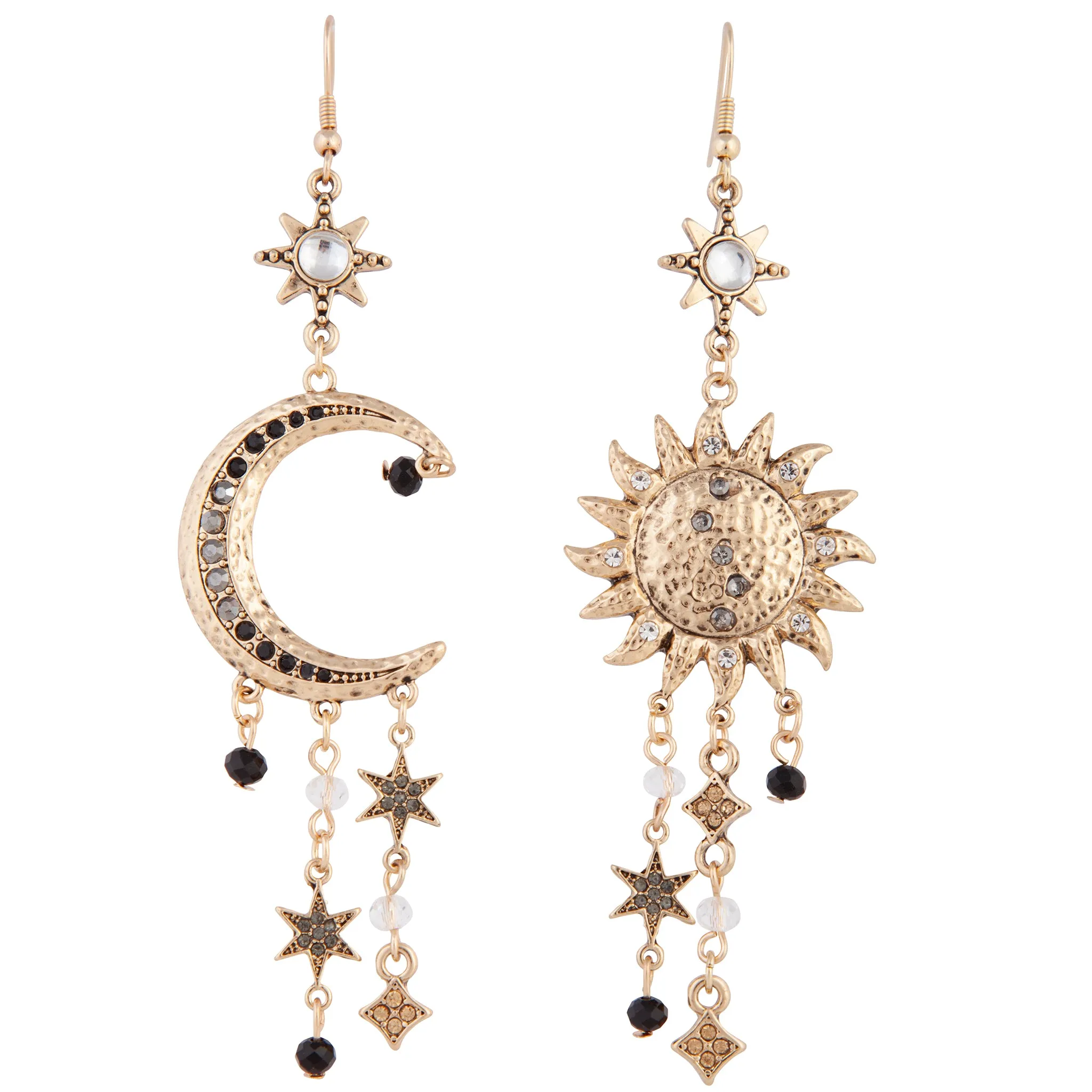 Antique Gold Celestial Grey Black Gem Earrings