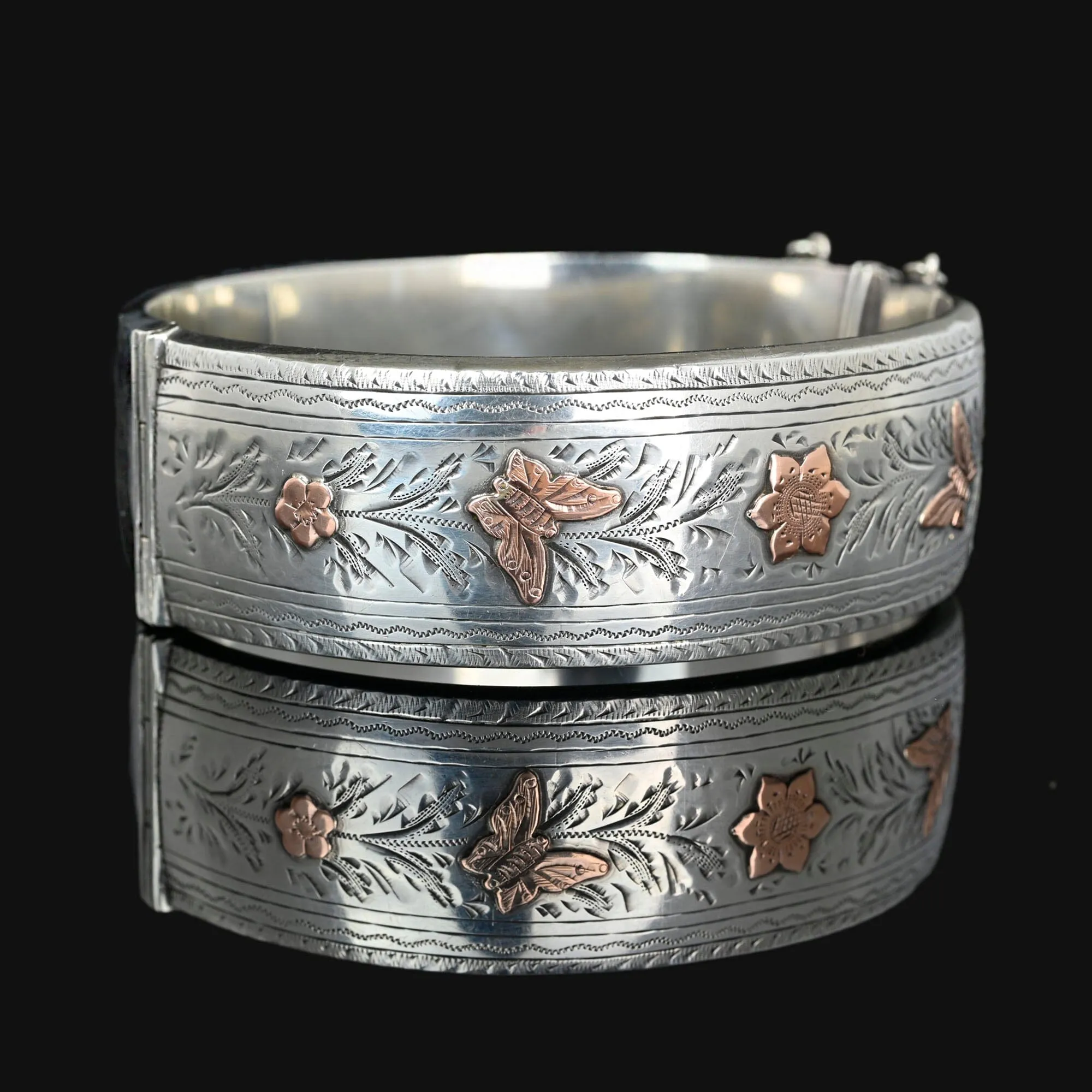 Antique Rose Gold Butterfly Wide Silver Bangle Bracelet