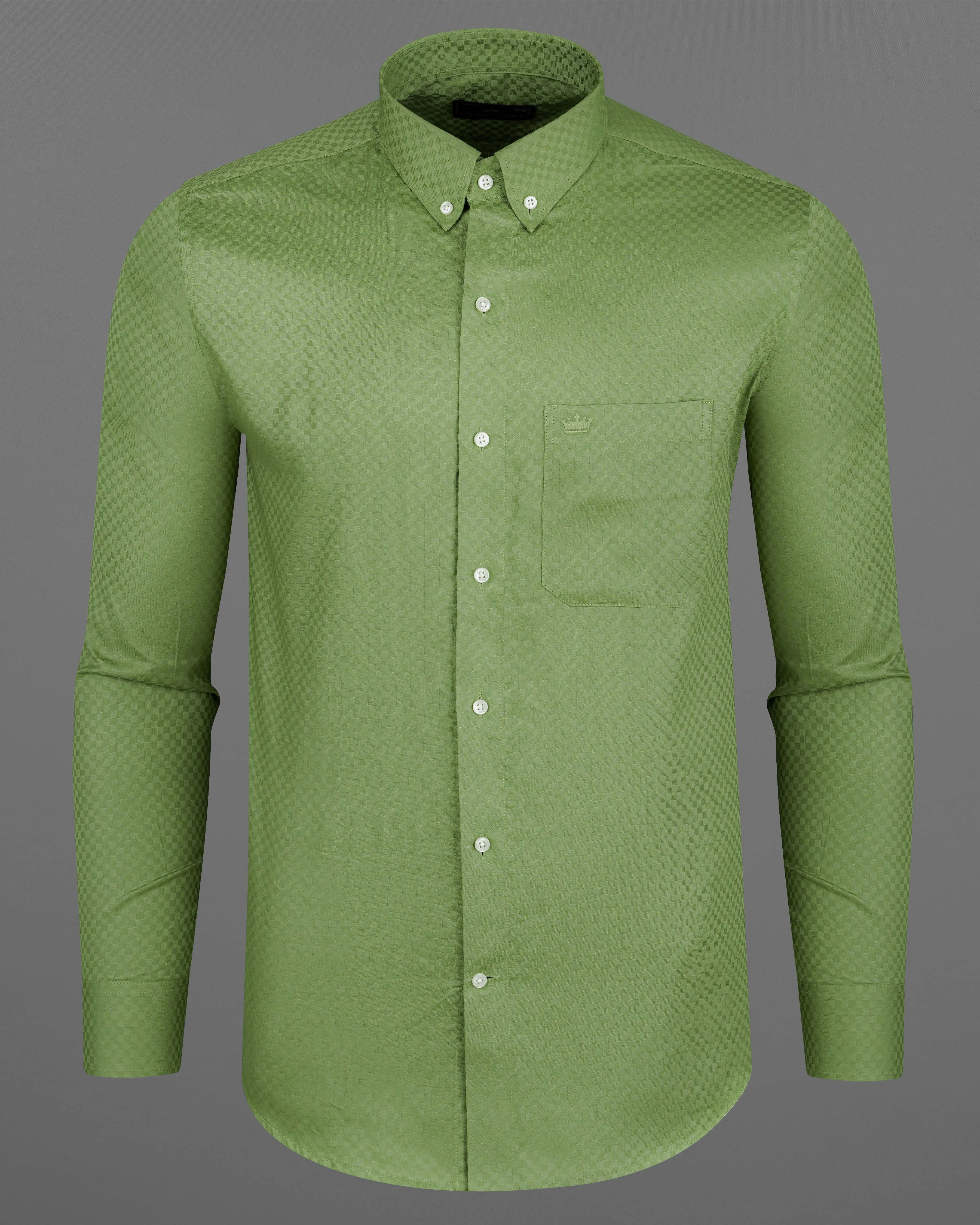 Asparagus Green Checked Dobby Textured Premium Giza Cotton Shirt