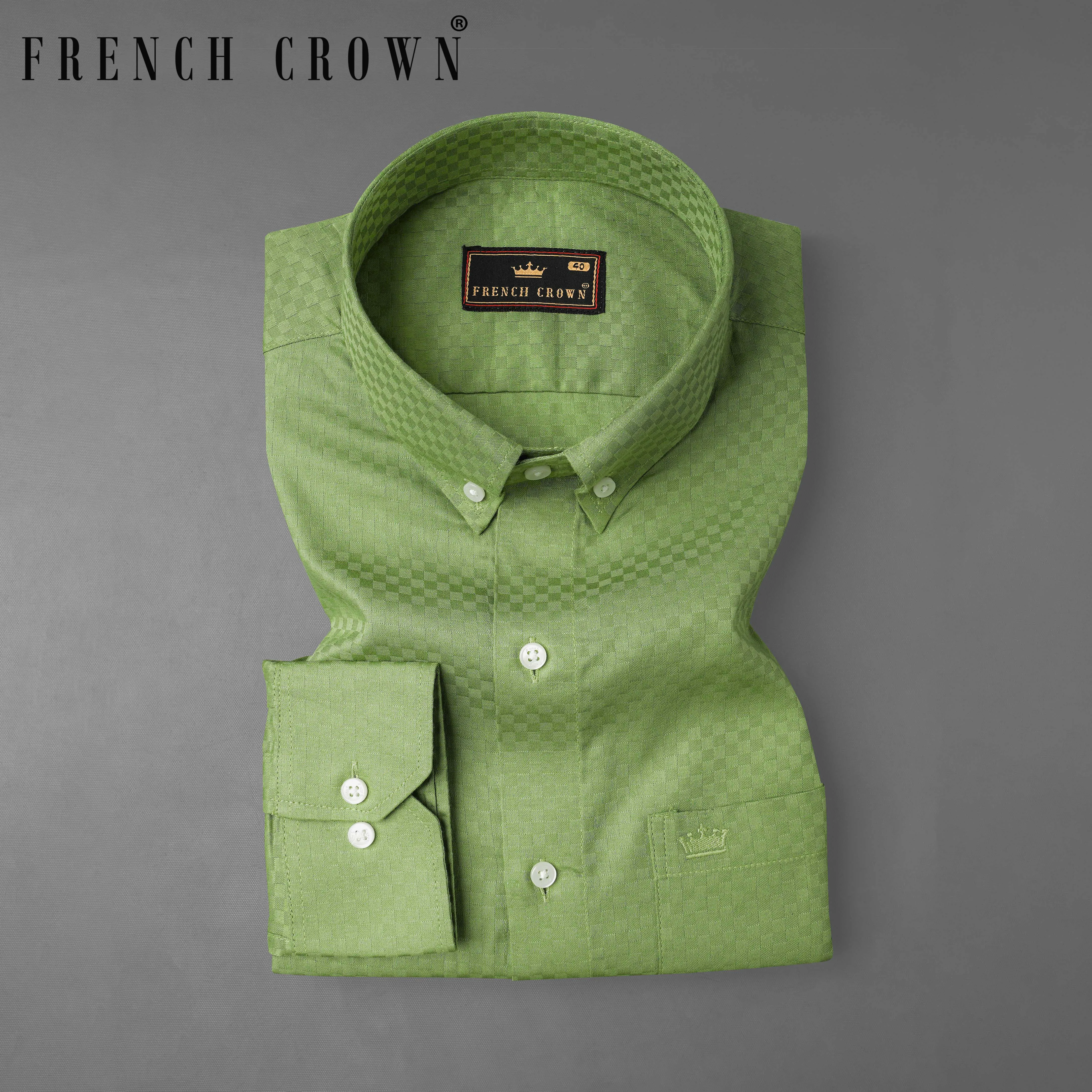 Asparagus Green Checked Dobby Textured Premium Giza Cotton Shirt