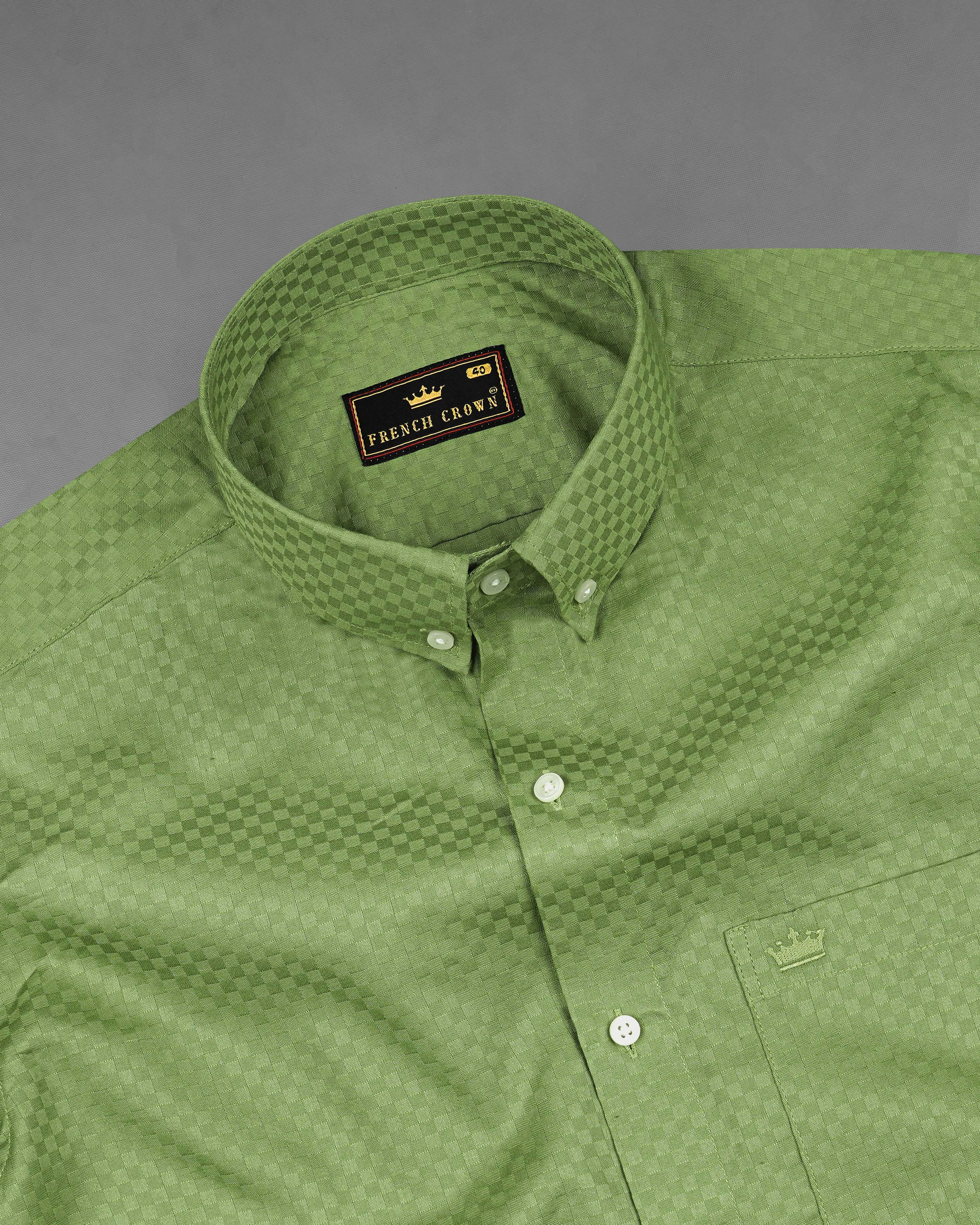 Asparagus Green Checked Dobby Textured Premium Giza Cotton Shirt