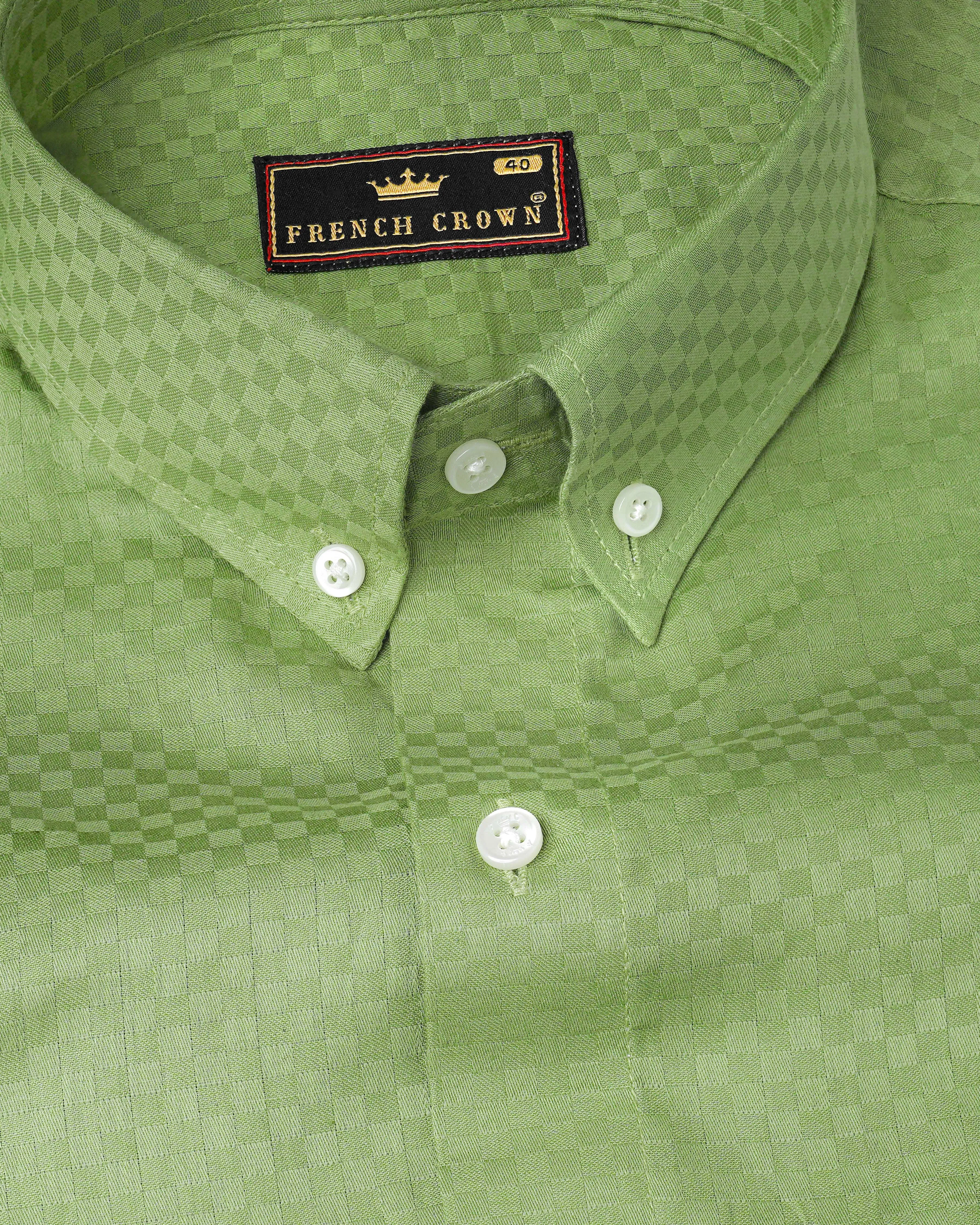 Asparagus Green Checked Dobby Textured Premium Giza Cotton Shirt