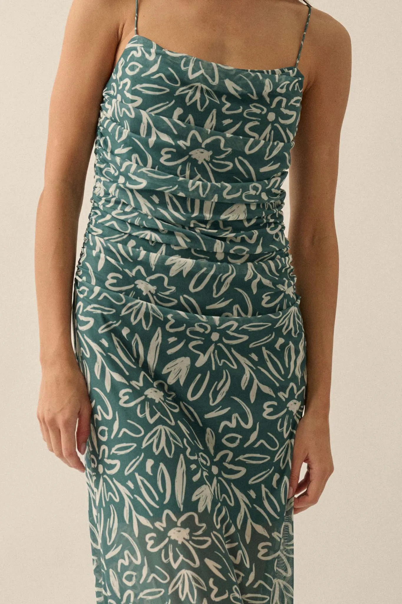 Avant Garden Floral-Print Mesh Ruched Maxi Dress