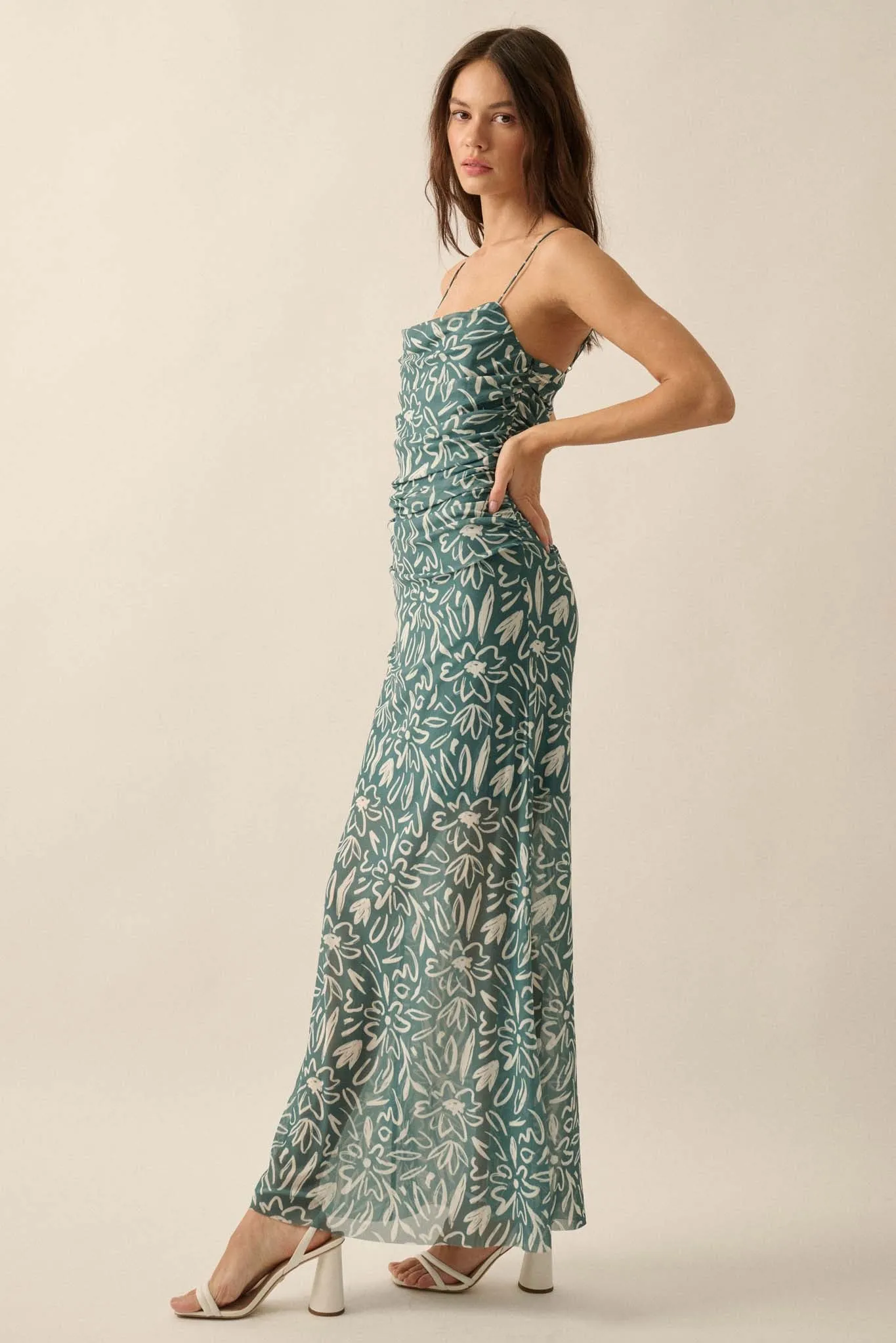 Avant Garden Floral-Print Mesh Ruched Maxi Dress