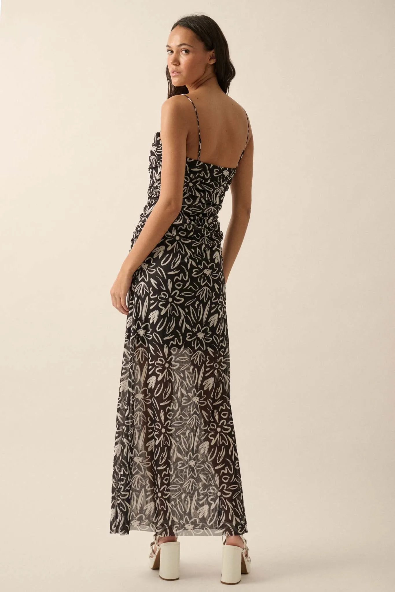 Avant Garden Floral-Print Mesh Ruched Maxi Dress