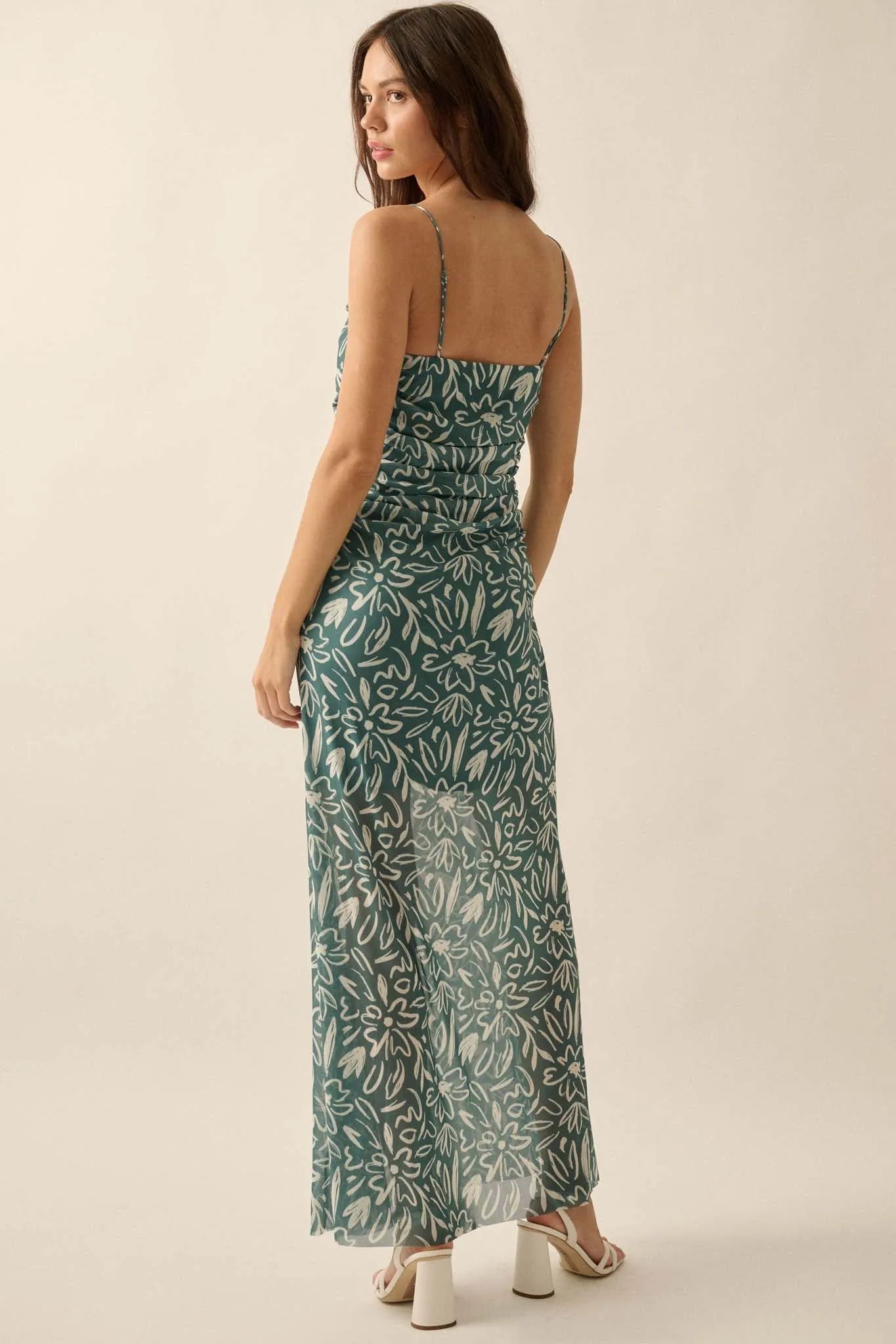 Avant Garden Floral-Print Mesh Ruched Maxi Dress