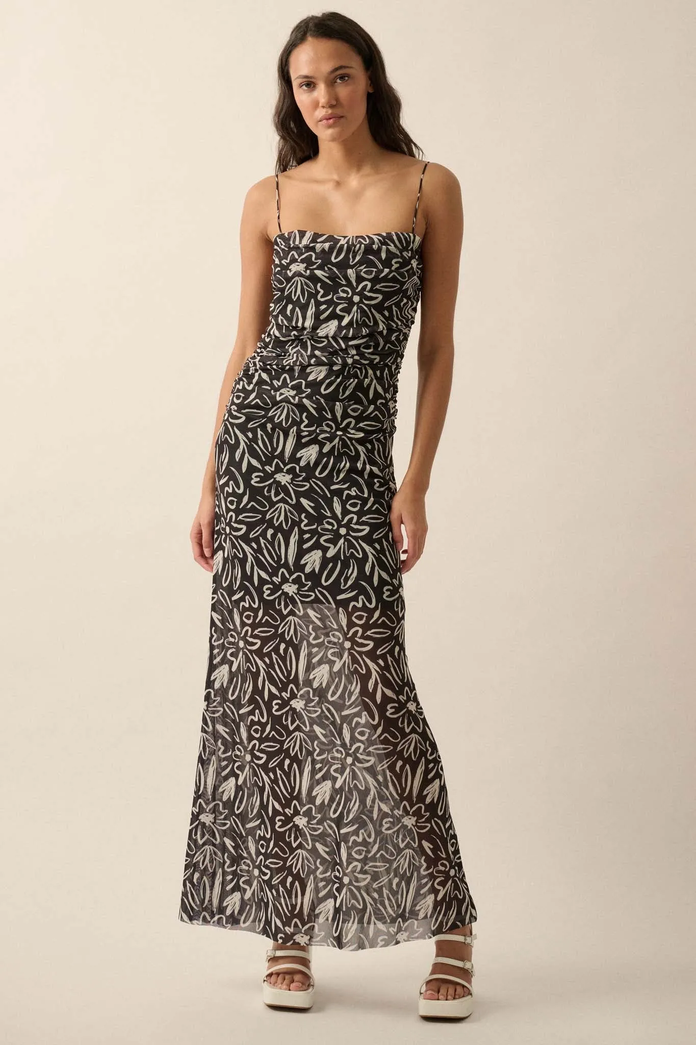 Avant Garden Floral-Print Mesh Ruched Maxi Dress