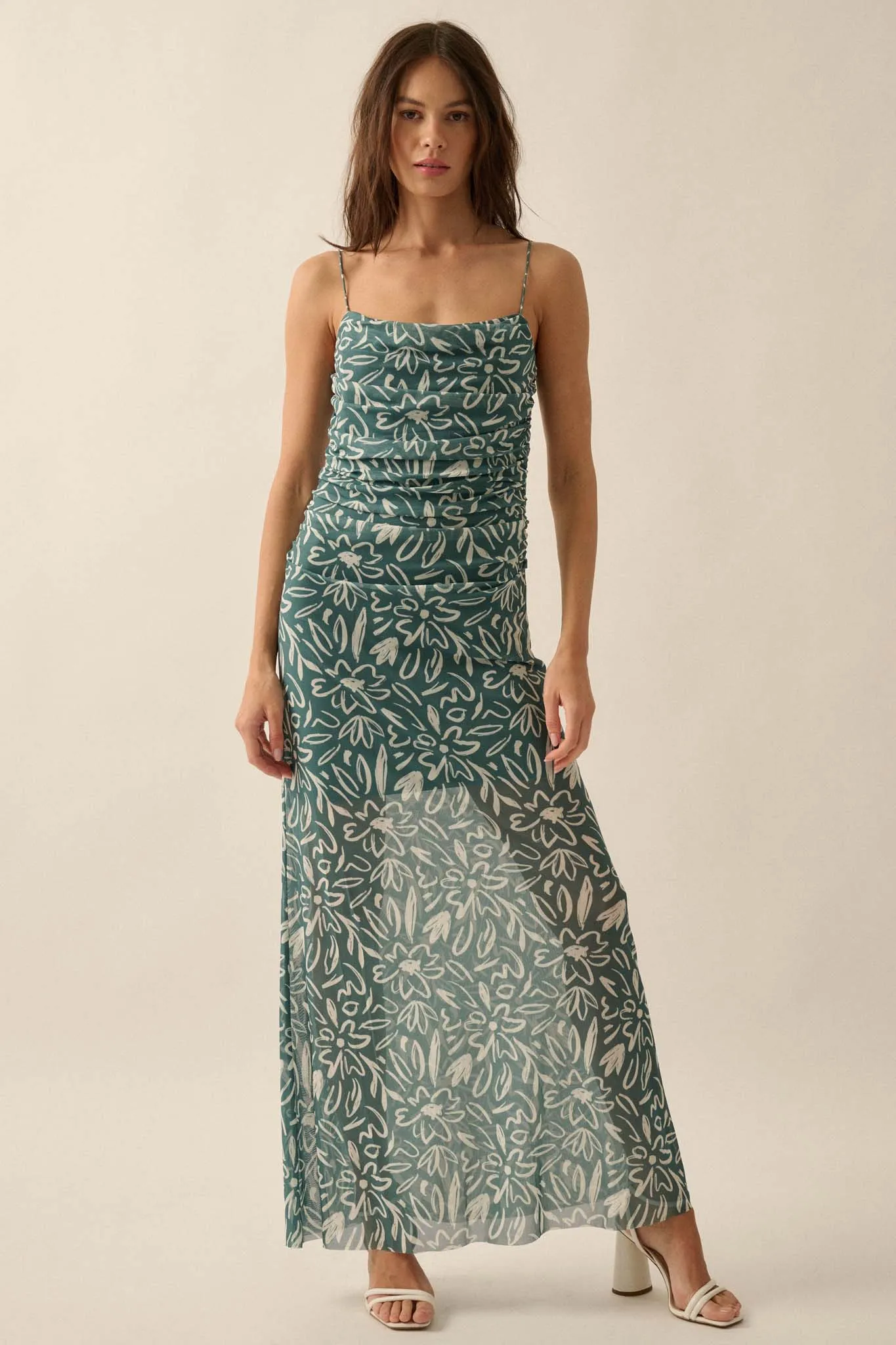 Avant Garden Floral-Print Mesh Ruched Maxi Dress