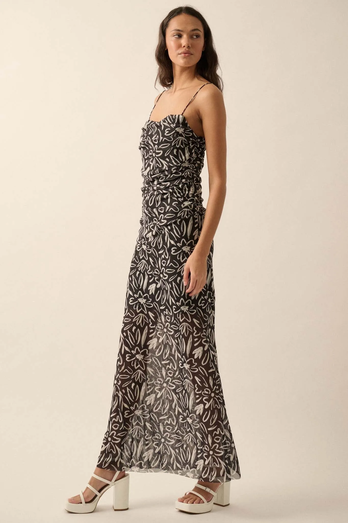 Avant Garden Floral-Print Mesh Ruched Maxi Dress