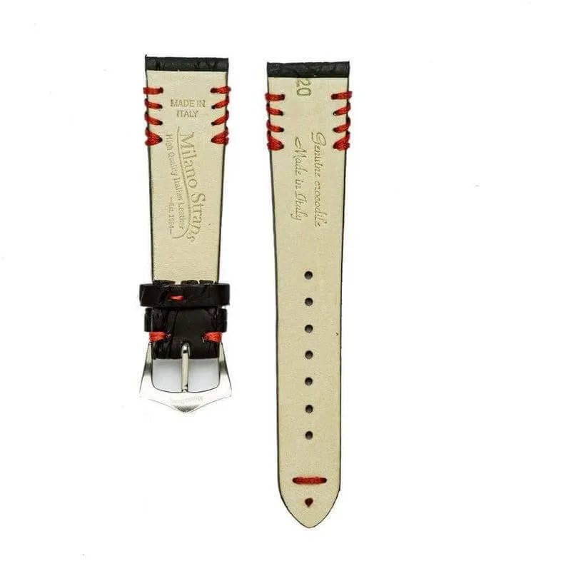 Black Rubberized Crocodile Watch Strap Red Tribal Stitches - 20mm