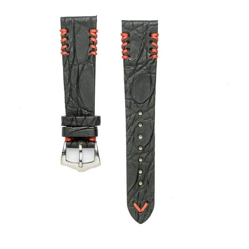 Black Rubberized Crocodile Watch Strap Red Tribal Stitches - 20mm