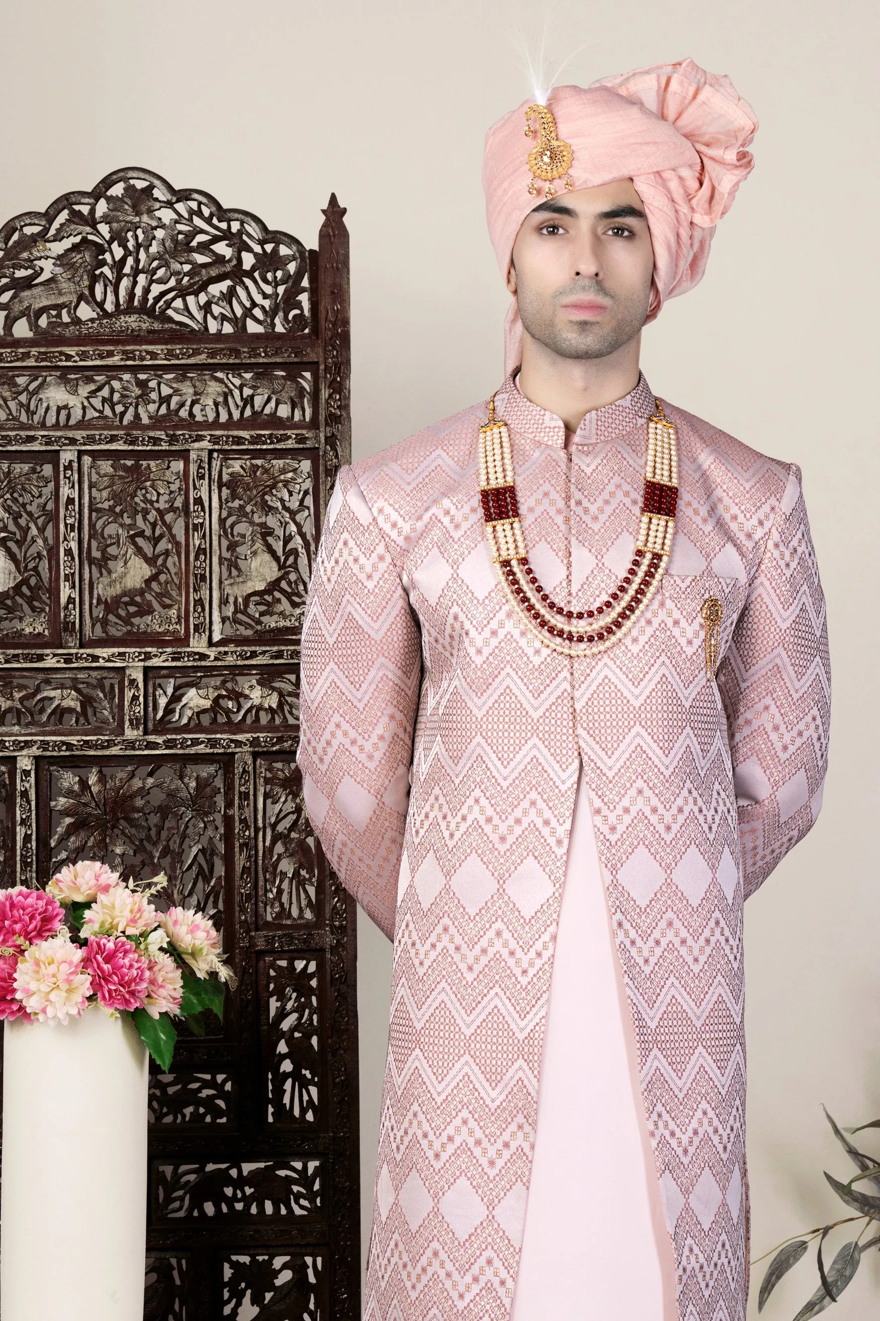 Blossom Pink Thread and Chevron Sequin Embroidered Indo-Western Sherwani Set