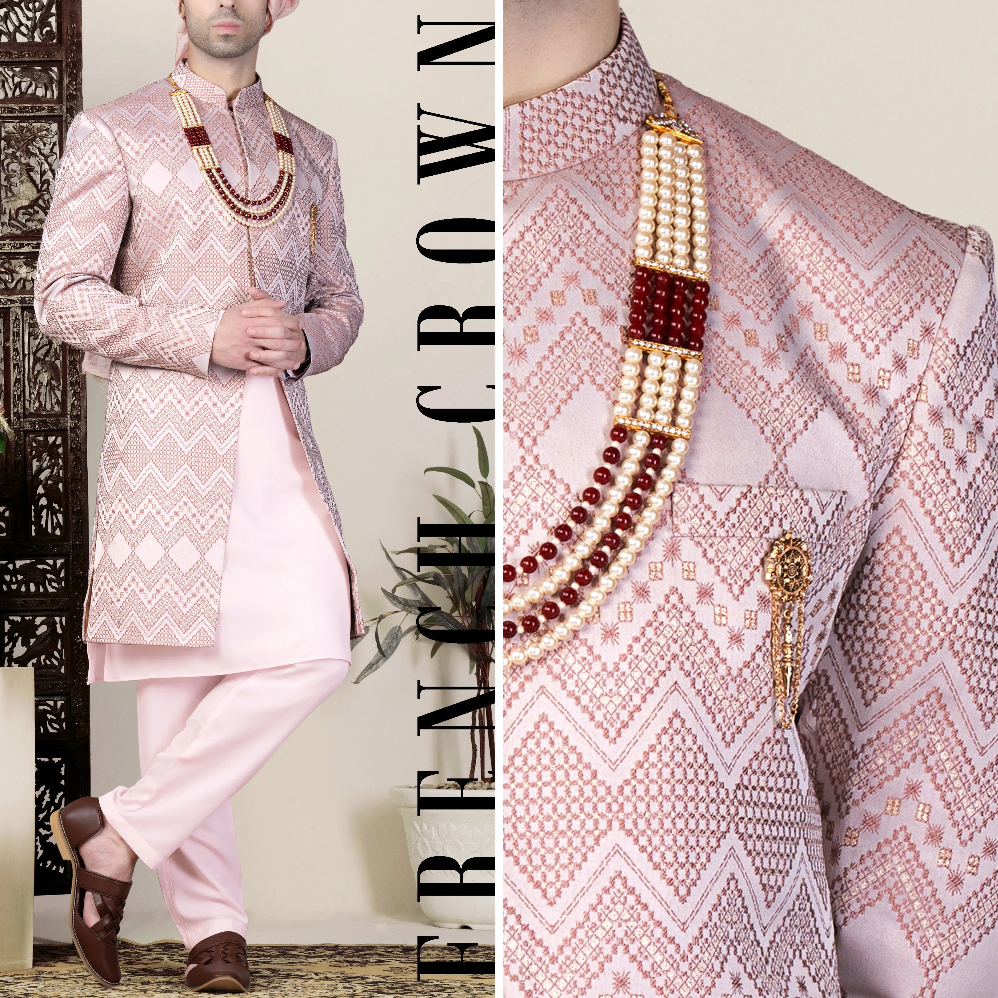 Blossom Pink Thread and Chevron Sequin Embroidered Indo-Western Sherwani Set