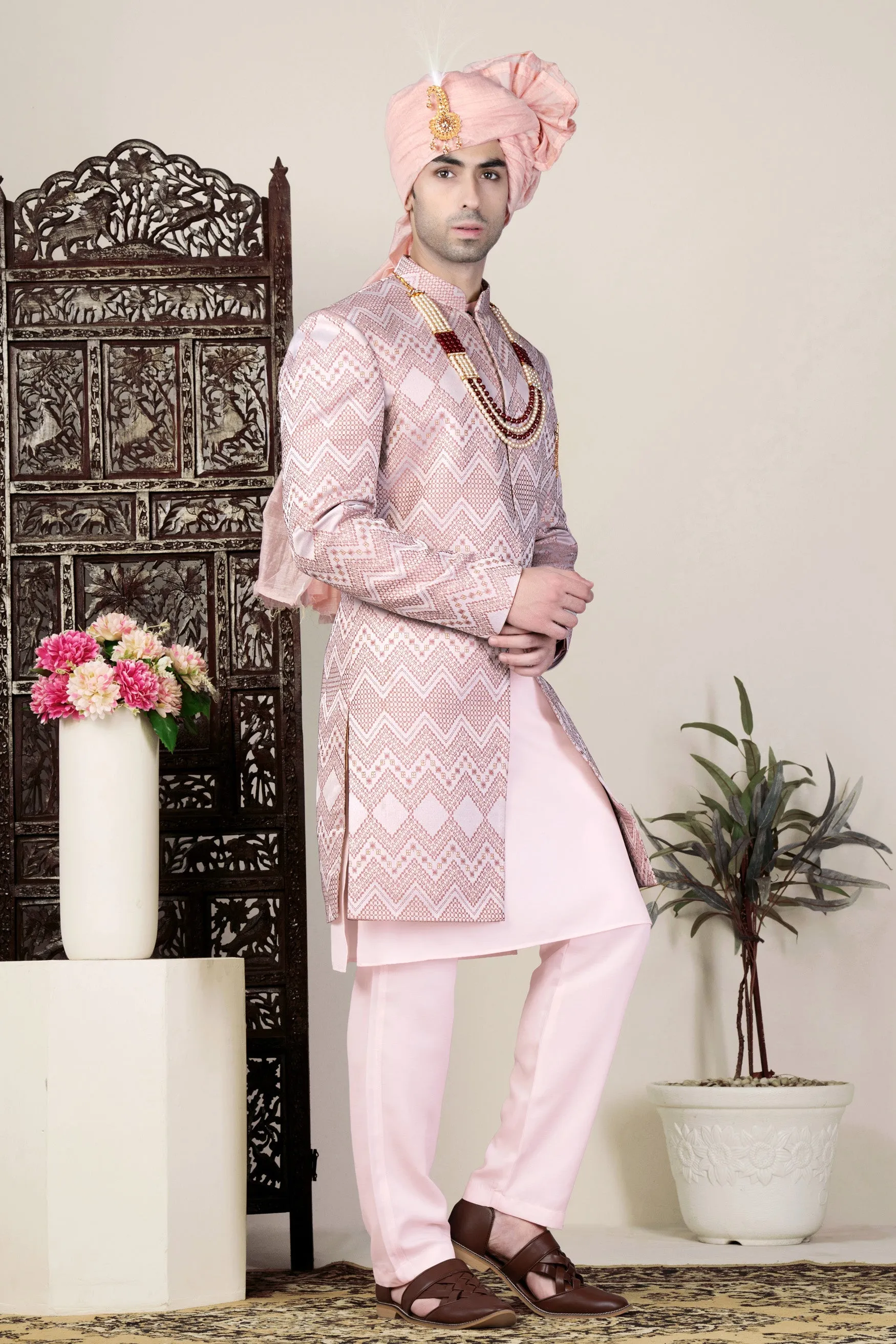 Blossom Pink Thread and Chevron Sequin Embroidered Indo-Western Sherwani Set