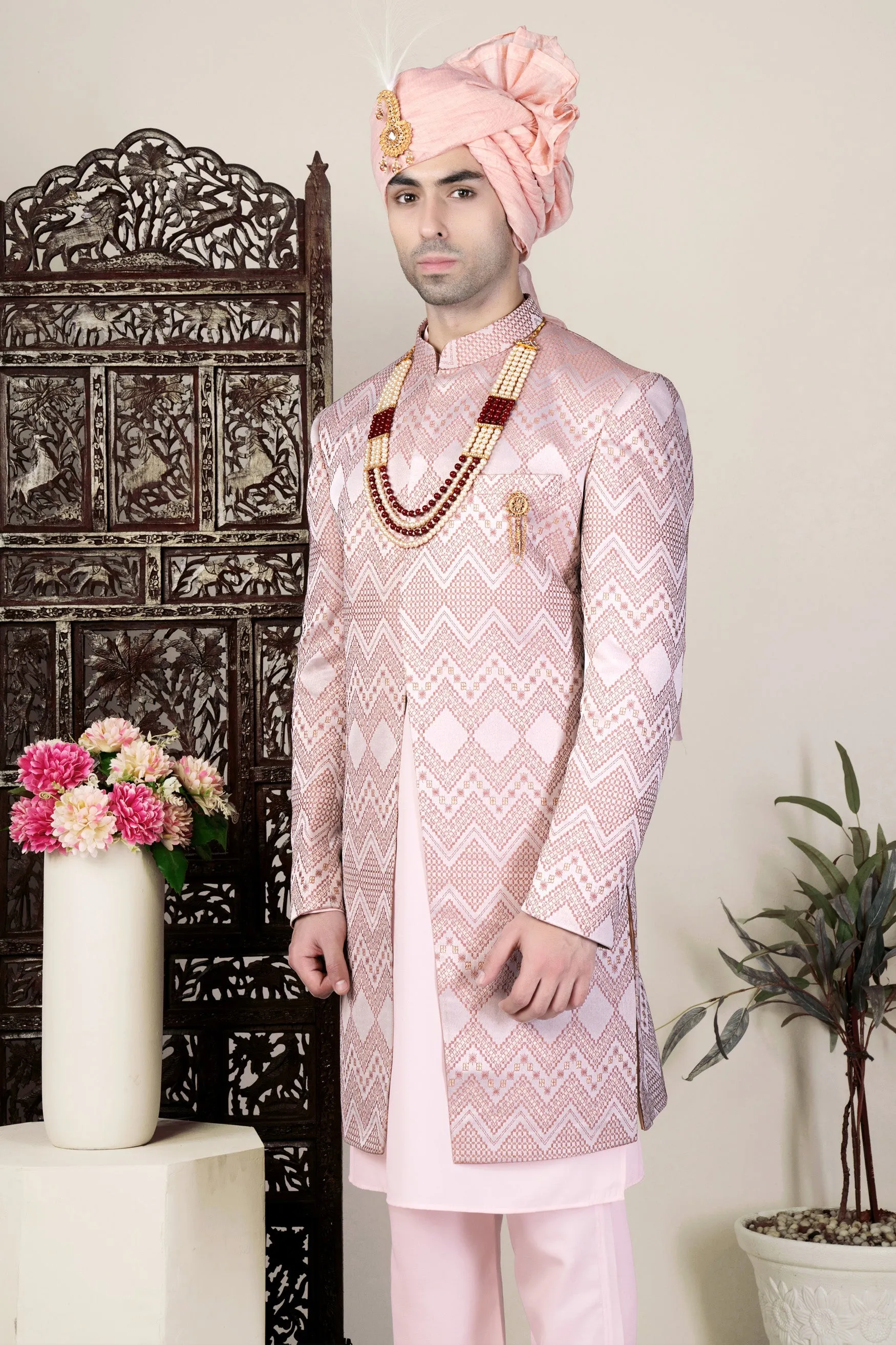 Blossom Pink Thread and Chevron Sequin Embroidered Indo-Western Sherwani Set