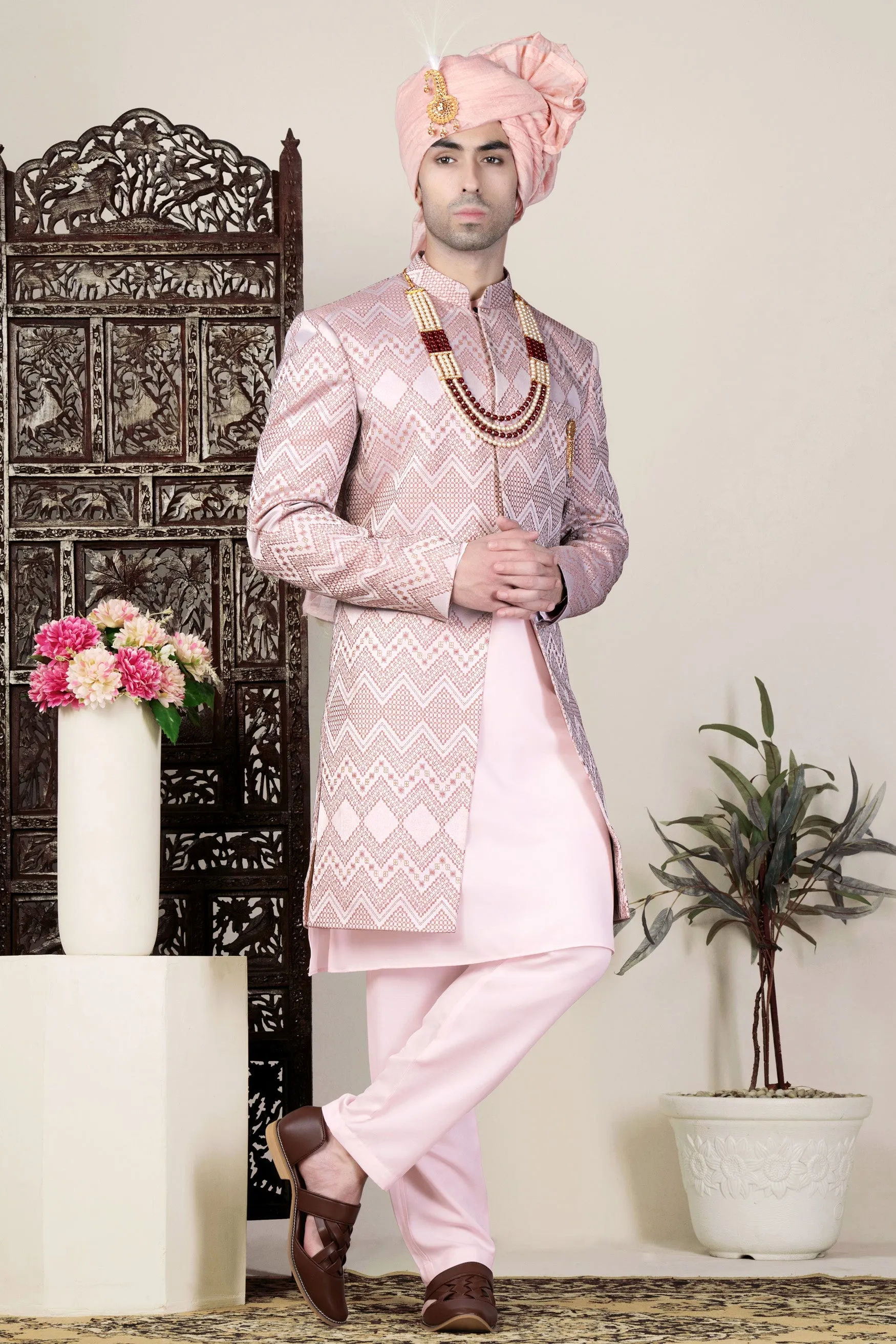 Blossom Pink Thread and Chevron Sequin Embroidered Indo-Western Sherwani Set