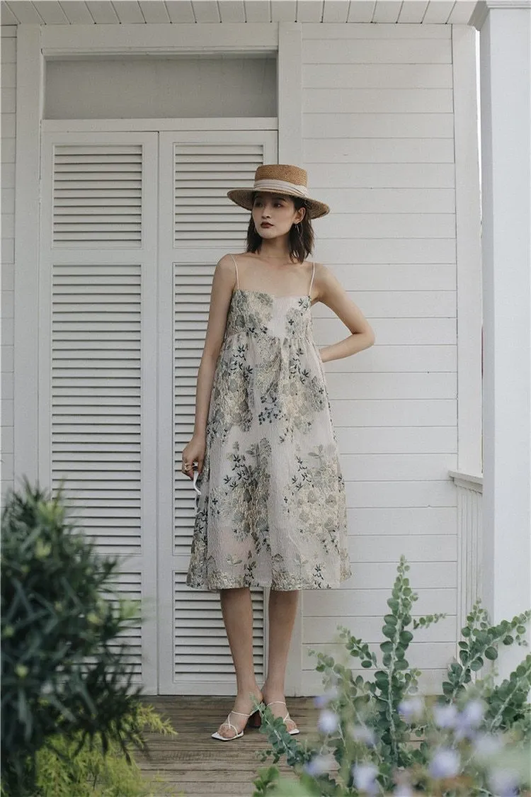 Bohemian Beige Floral Midi Dress