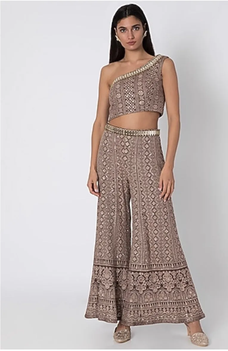 Brown Sharara With Off-shoulder Bustier