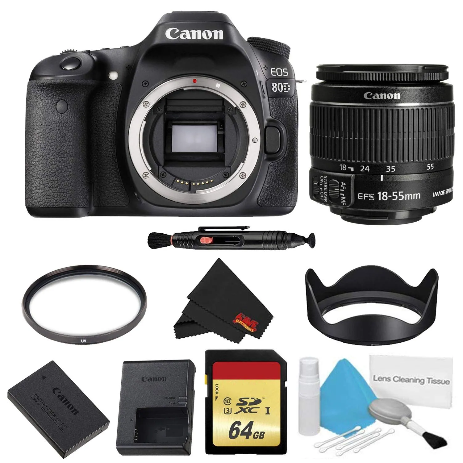 Canon EOS 80D DSLR Camera Body Only Basic Filter w/Memory Bundle (International Model)