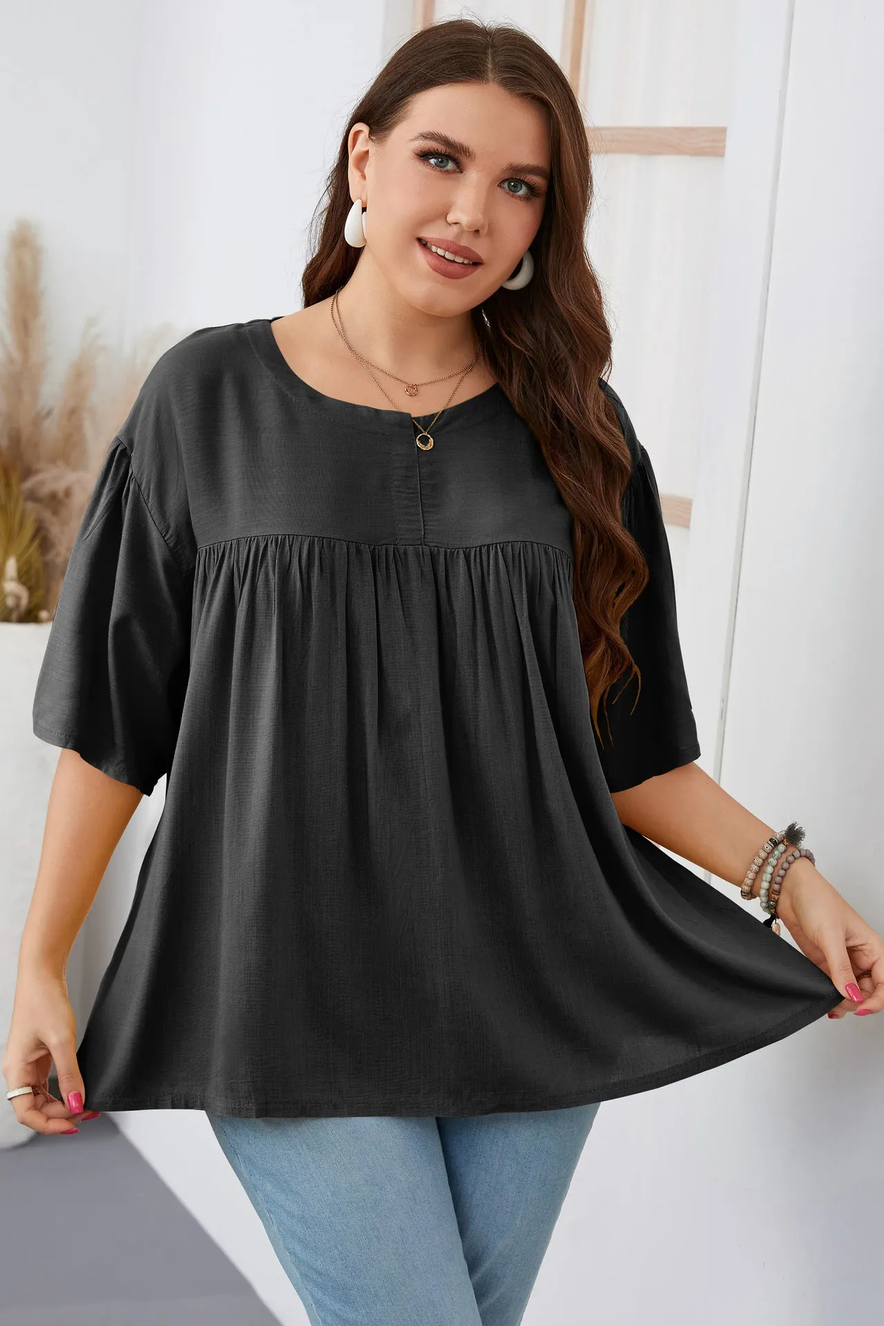 Casual Crew Neck Solid Color Top Short Sleeve Wholesale Plus Size Clothing