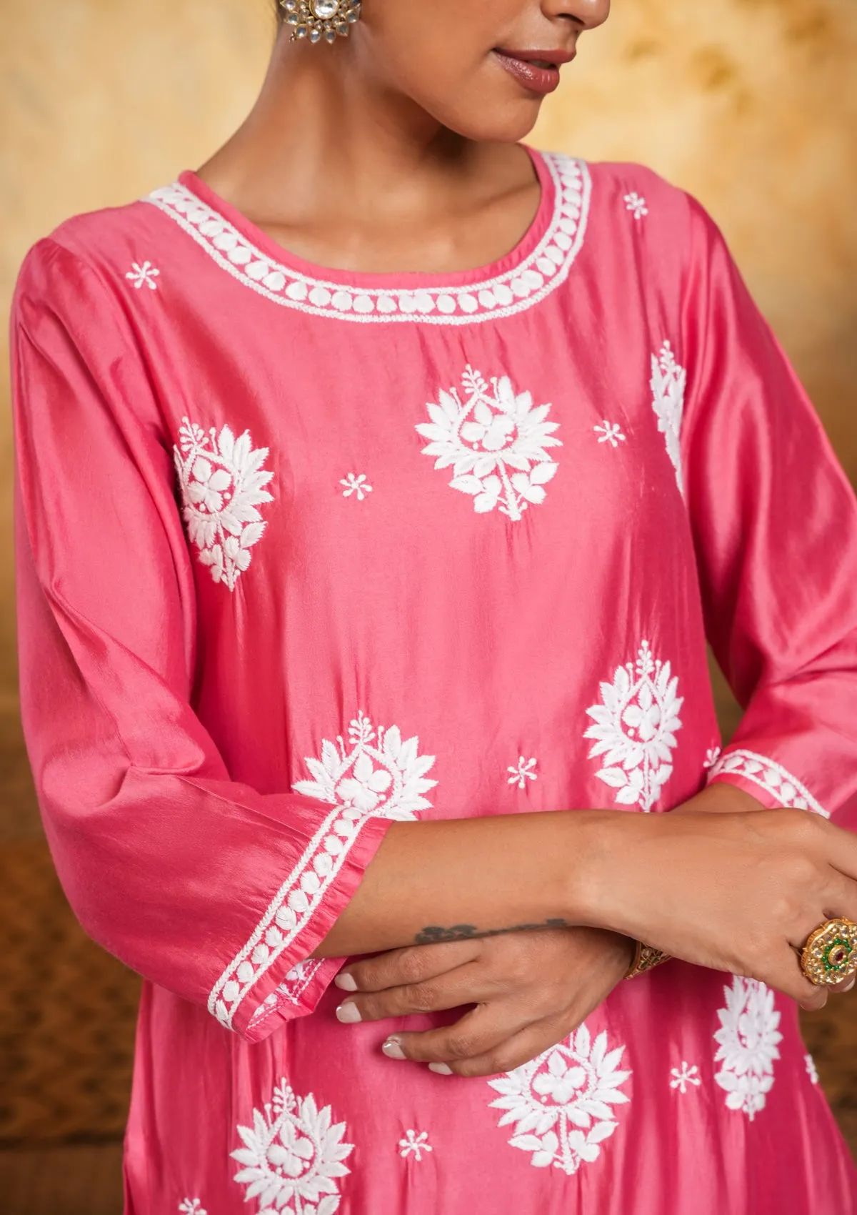 Chanderi Chikankari Solid Women's 2 PC Long Kurta Set - Dark Pink