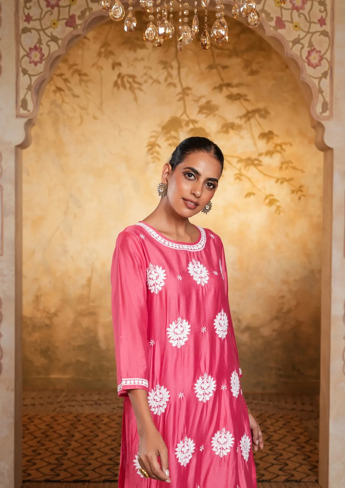 Chanderi Chikankari Solid Women's 2 PC Long Kurta Set - Dark Pink