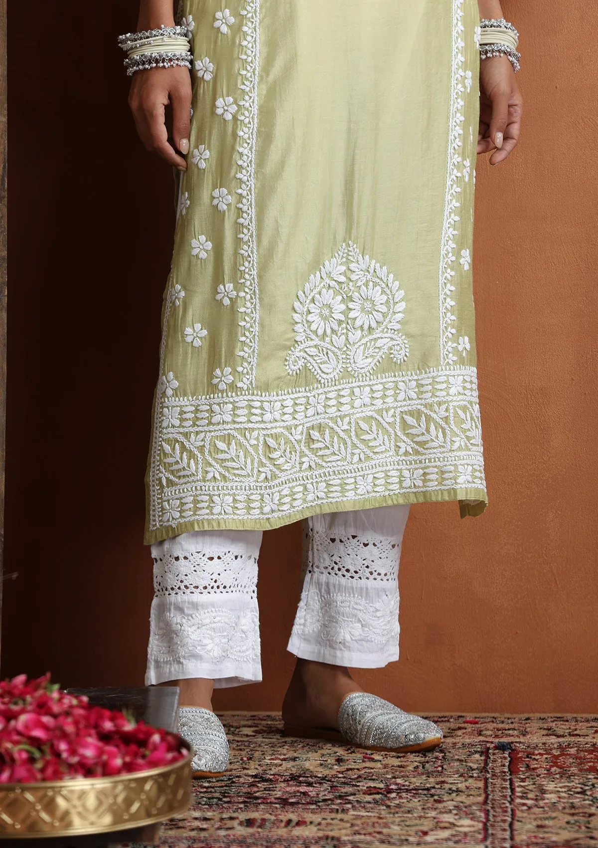 Chanderi Chikankari Solid Women's Long Kurta - Light Green