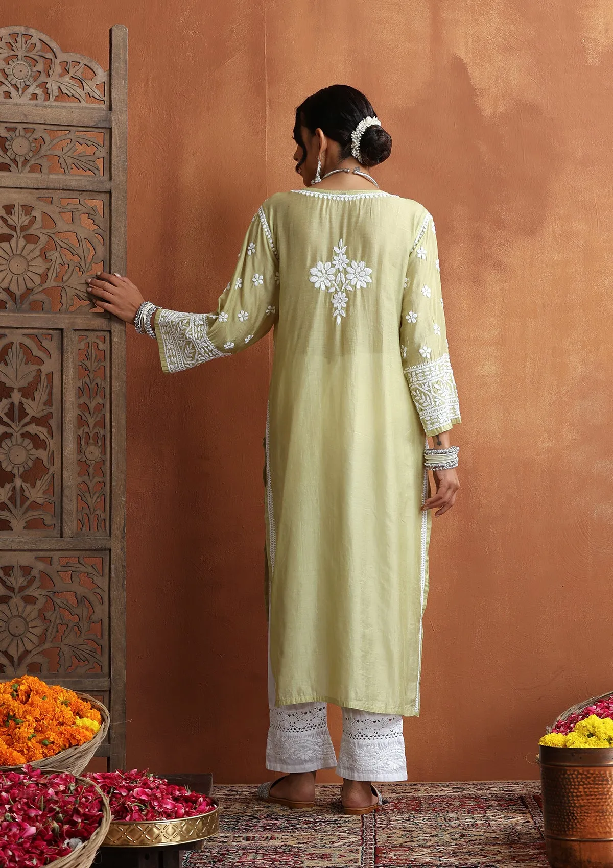 Chanderi Chikankari Solid Women's Long Kurta - Light Green