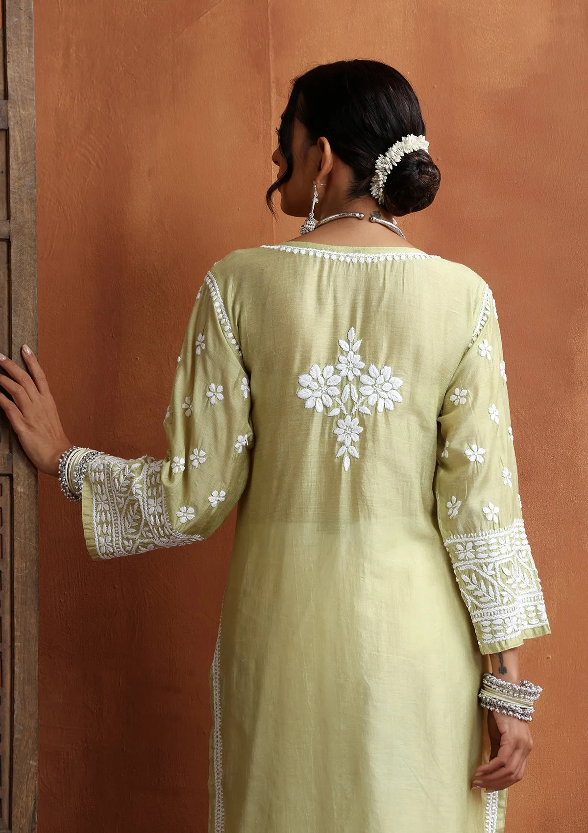 Chanderi Chikankari Solid Women's Long Kurta - Light Green