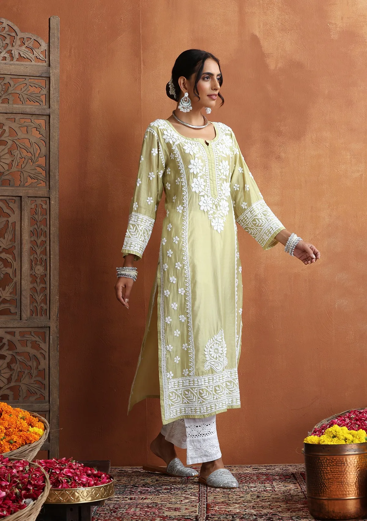 Chanderi Chikankari Solid Women's Long Kurta - Light Green