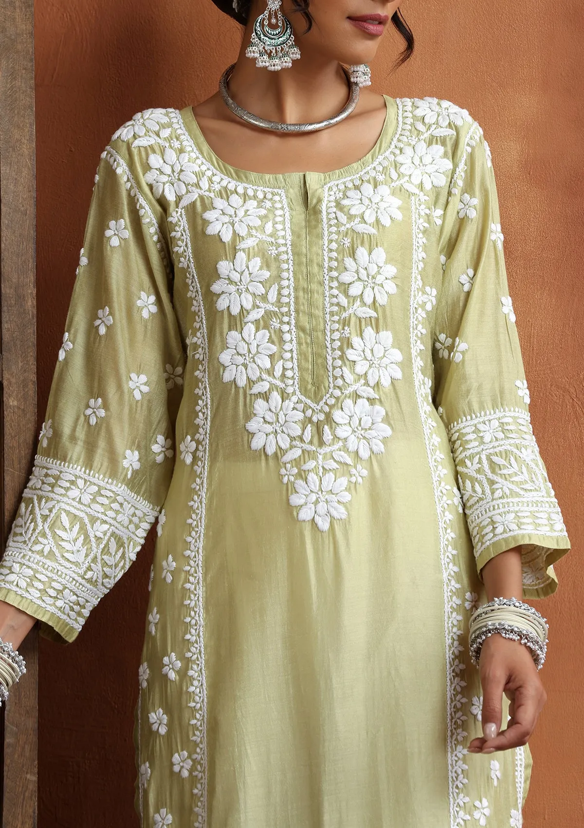 Chanderi Chikankari Solid Women's Long Kurta - Light Green