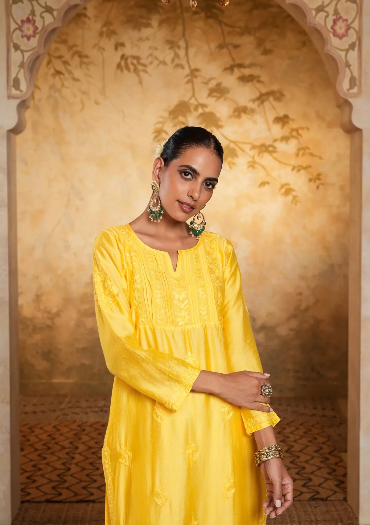 Chanderi Chikankari Solid Women's Long Kurta - Yellow