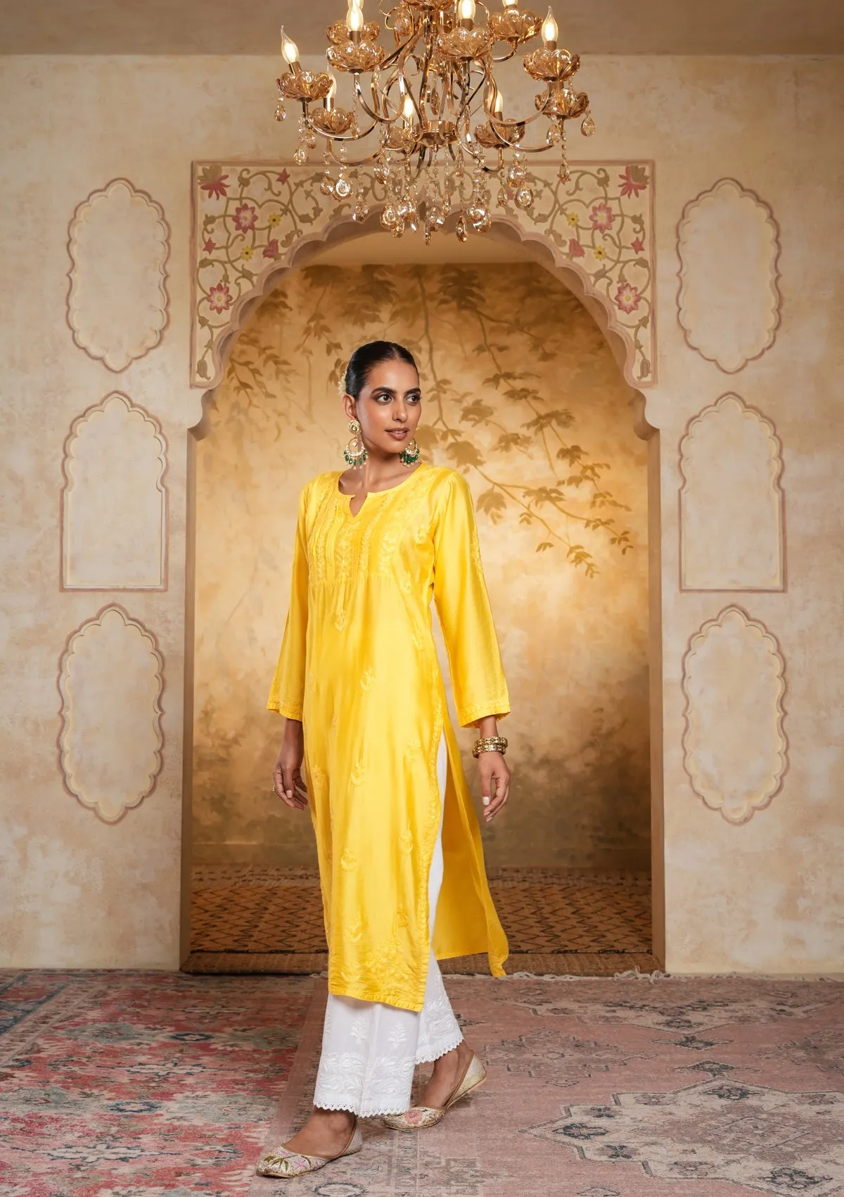 Chanderi Chikankari Solid Women's Long Kurta - Yellow