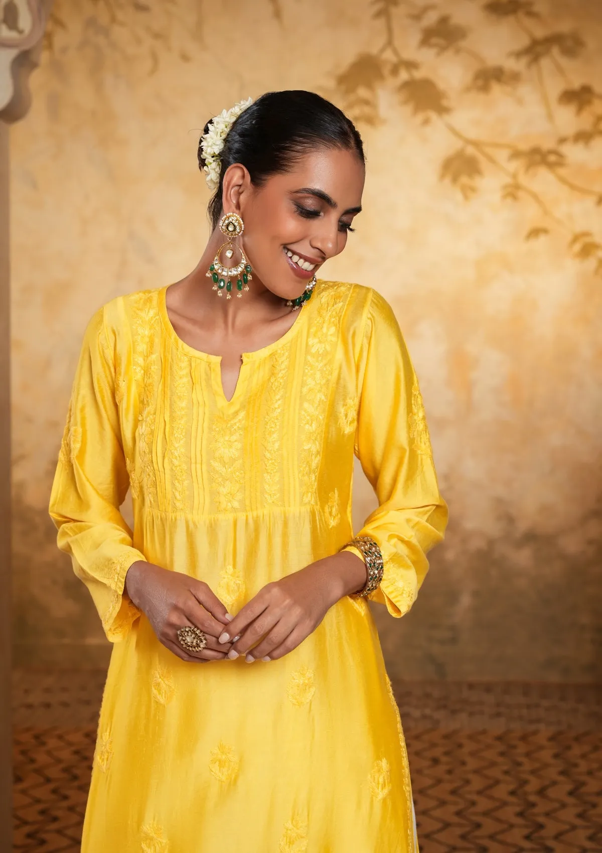 Chanderi Chikankari Solid Women's Long Kurta - Yellow