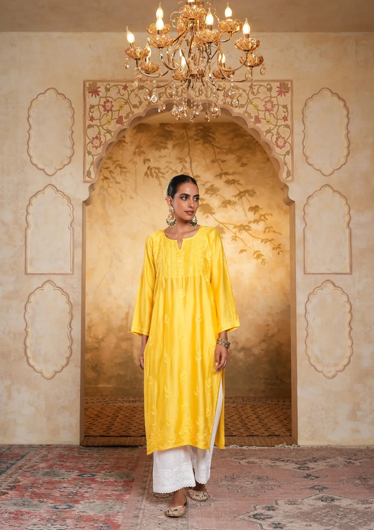 Chanderi Chikankari Solid Women's Long Kurta - Yellow