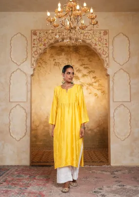 Chanderi Chikankari Solid Women's Long Kurta - Yellow