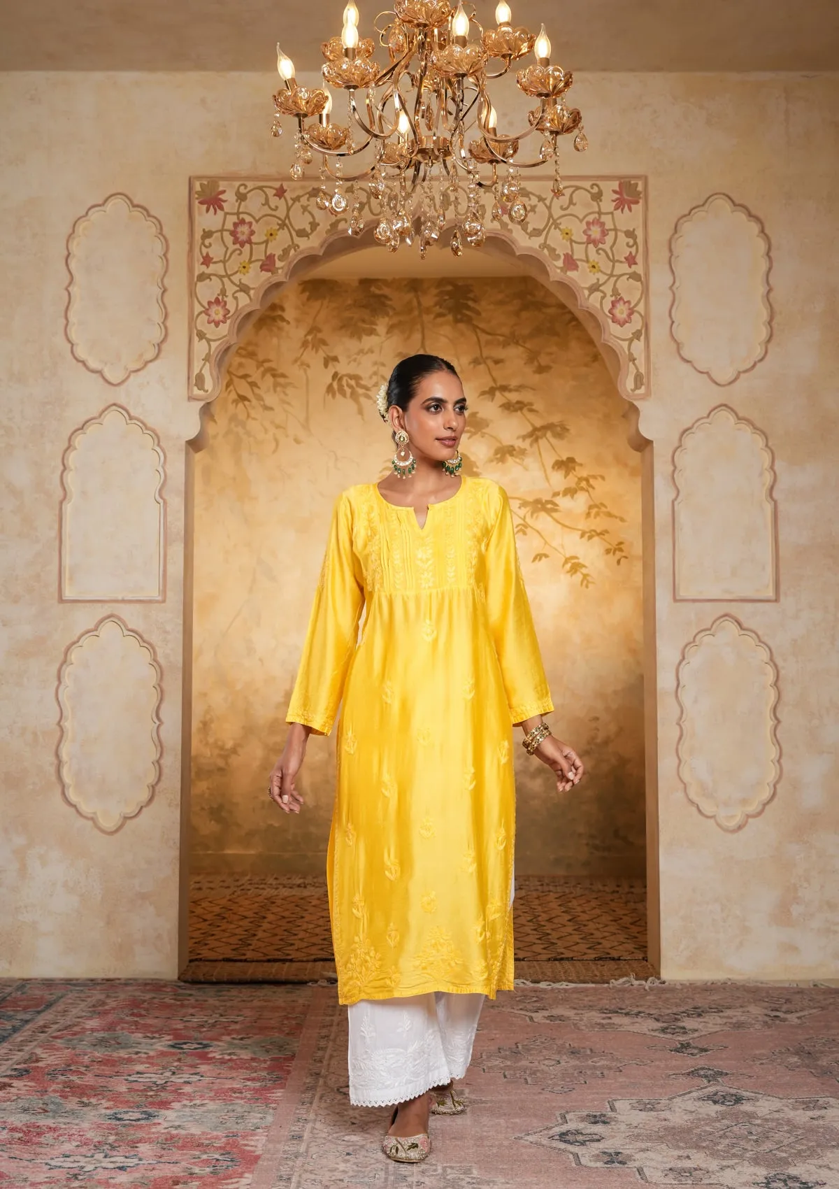 Chanderi Chikankari Solid Women's Long Kurta - Yellow