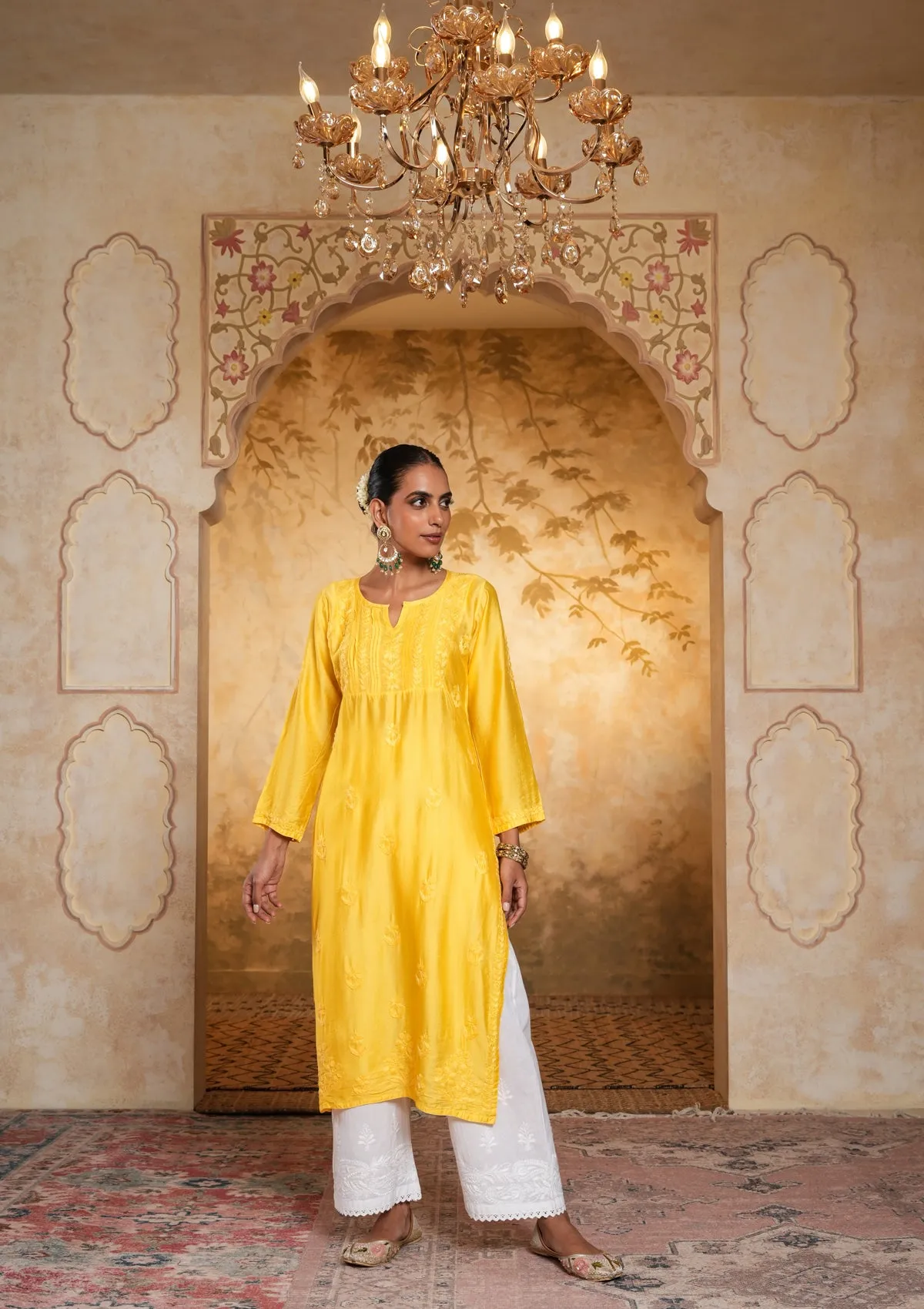 Chanderi Chikankari Solid Women's Long Kurta - Yellow