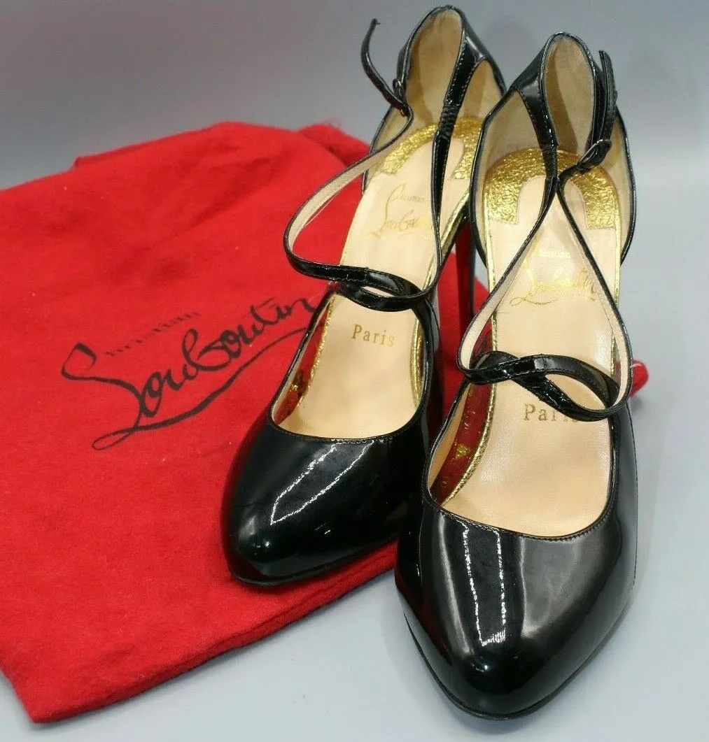 Christian Louboutin Crossettinetta 100mm Black Patent Leather Pumps Sz 37.5/7.5