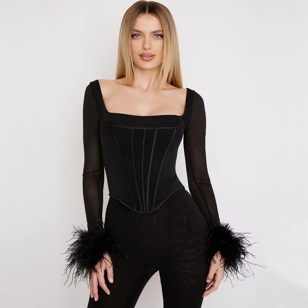 Classy Feather Trimmed Mesh Corset Long Sleeve Top - Black