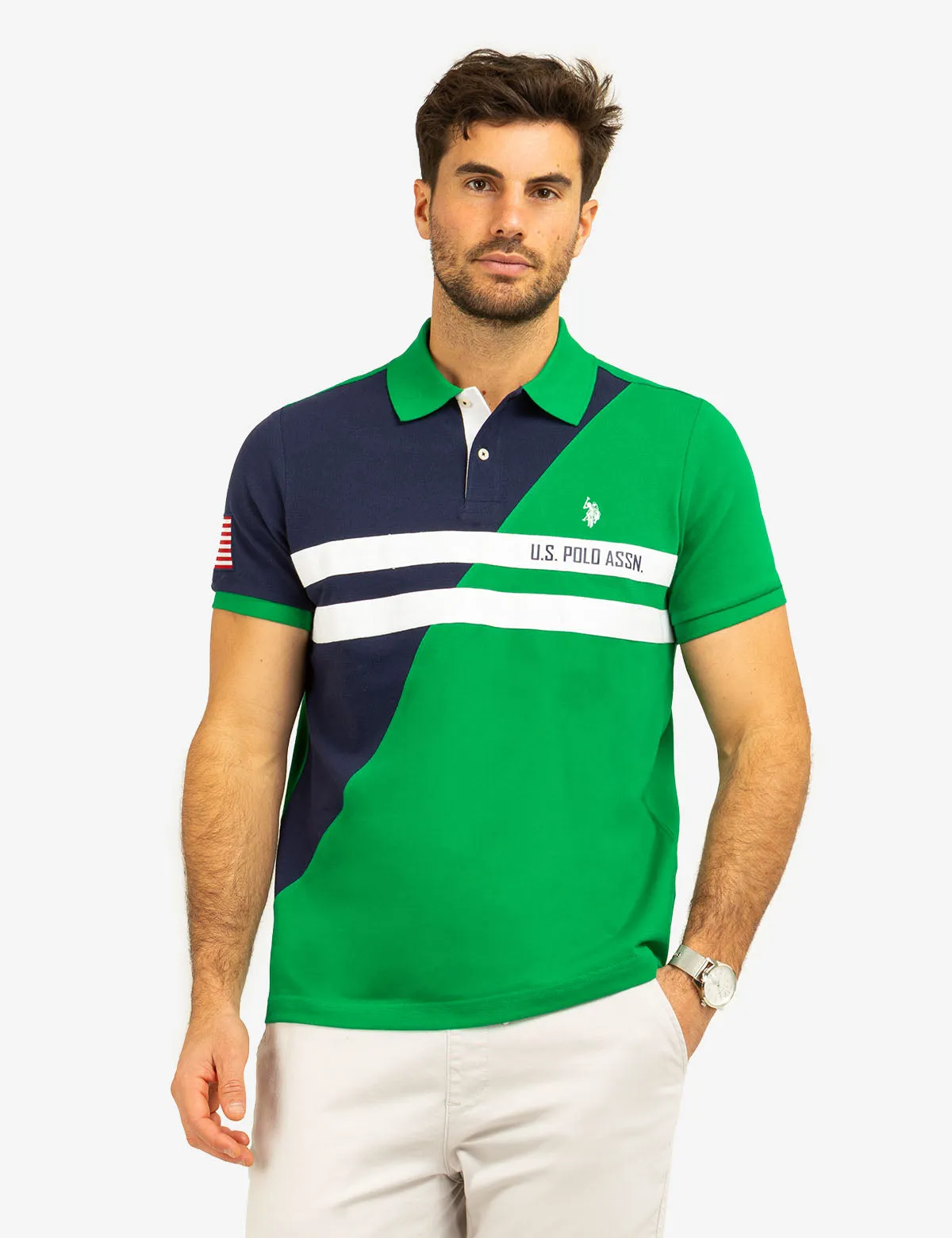 COLOR BLOCK CHEST STRIPE PIQUE POLO SHIRT