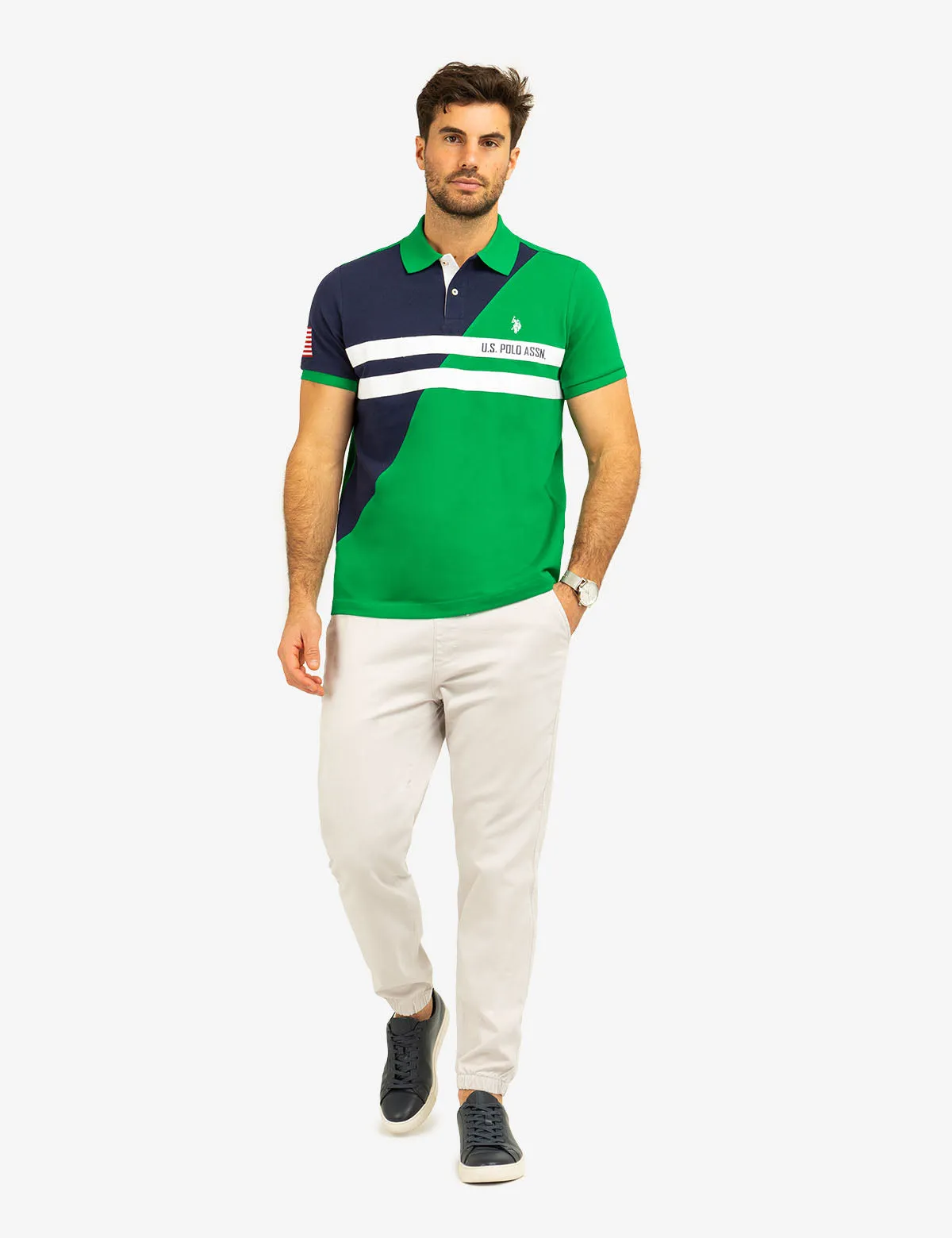 COLOR BLOCK CHEST STRIPE PIQUE POLO SHIRT