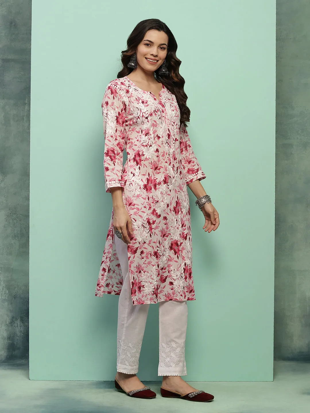 Cotton Chikankari Printed Women's Long Kurta - Pink