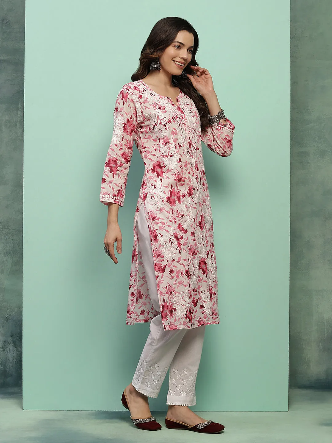 Cotton Chikankari Printed Women's Long Kurta - Pink