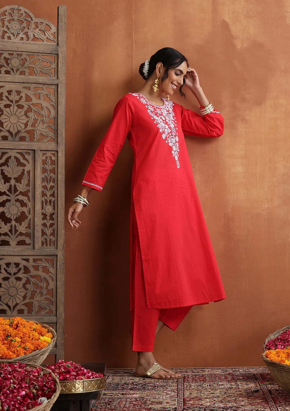 Cotton Chikankari Solid Women's 2 PC Long Kurta Set - Red