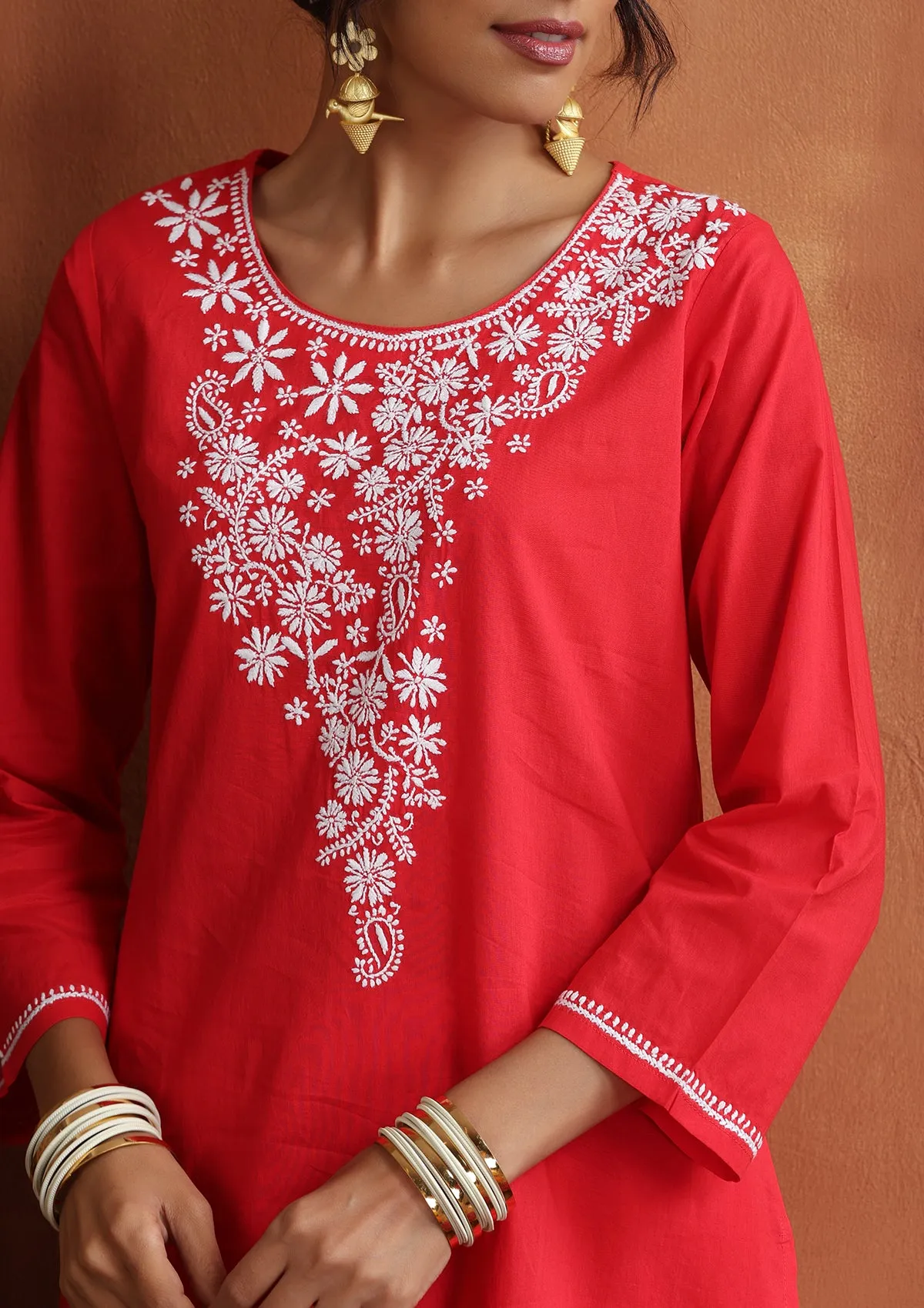 Cotton Chikankari Solid Women's 2 PC Long Kurta Set - Red